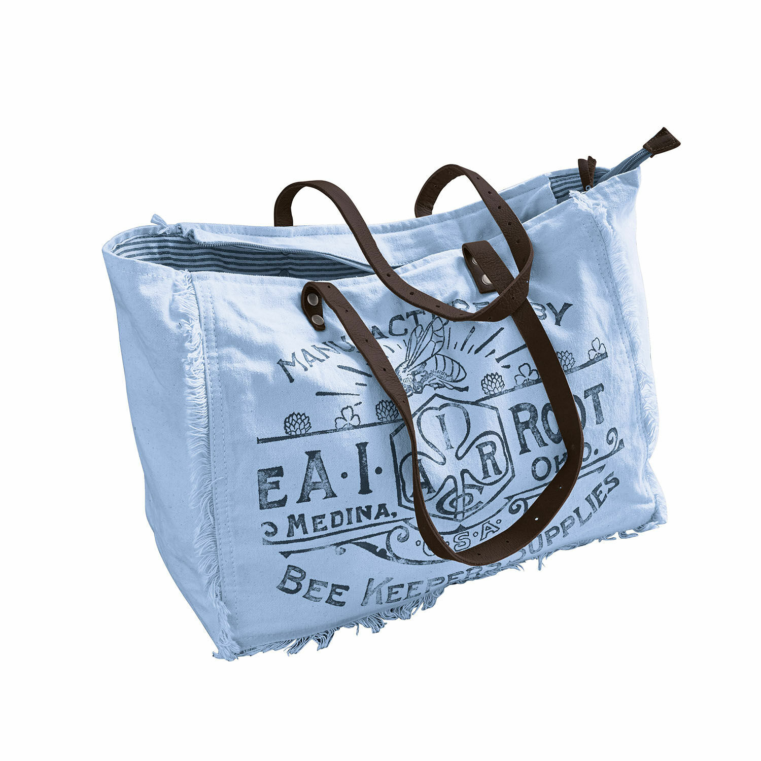 blu/marrone Borsa CLOE in cotone blu con manici in pelle marrone e stampa vintage per uso quotidiano