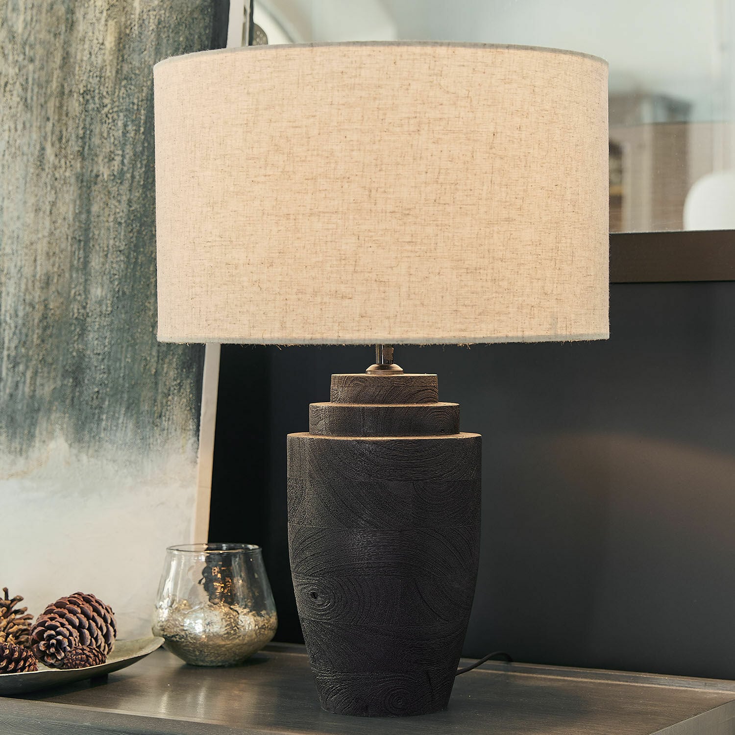 Lampada da tavolo Daphielle Lampada da tavolo in legno nero con paralume beige, illuminazione interna, decorazione soggiorno
