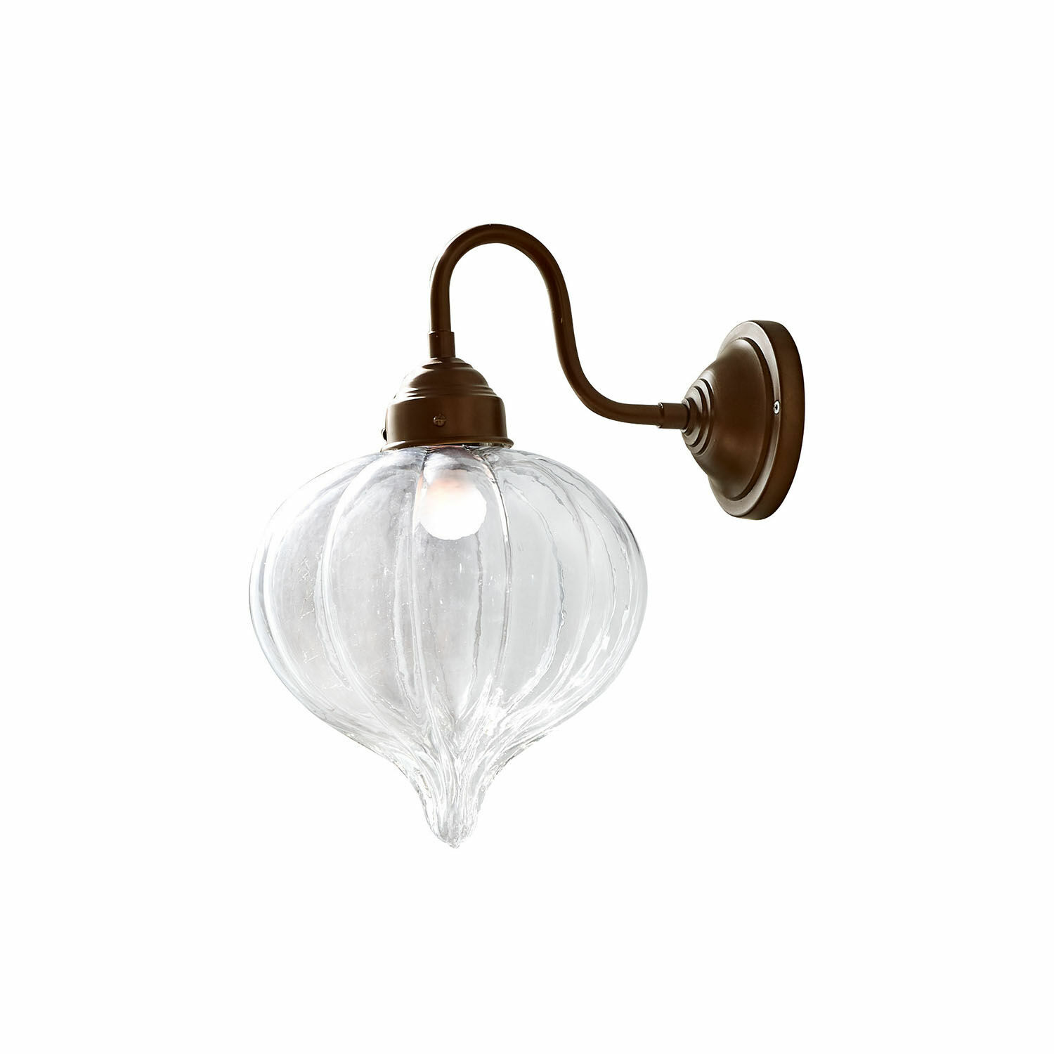 Lampada da parete Baisse Applique da parete in metallo marrone con paralume in vetro trasparente a forma di cipolla