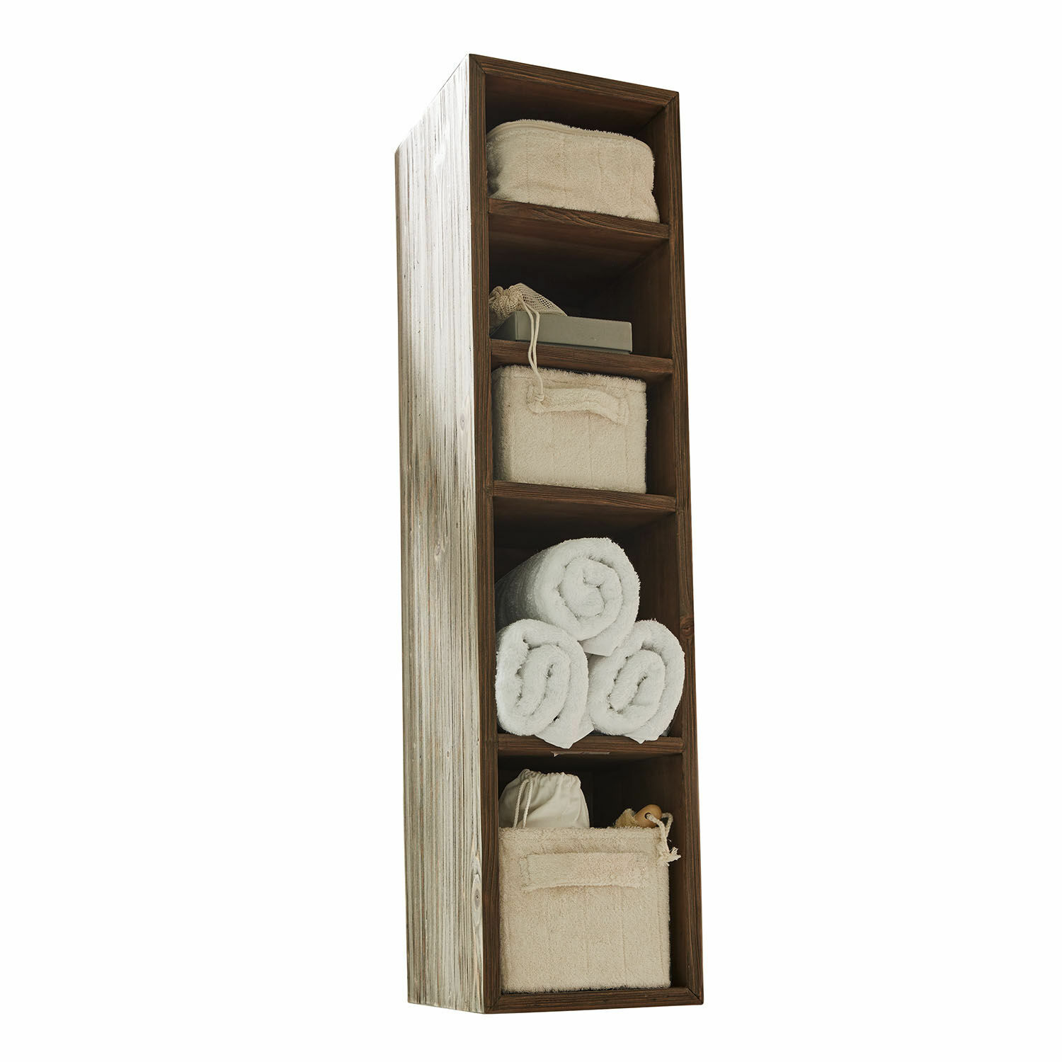 Scaffale da parete Greenhaven Scaffale in legno con cinque scomparti, contenitori beige e asciugamani bianchi per organizzazione