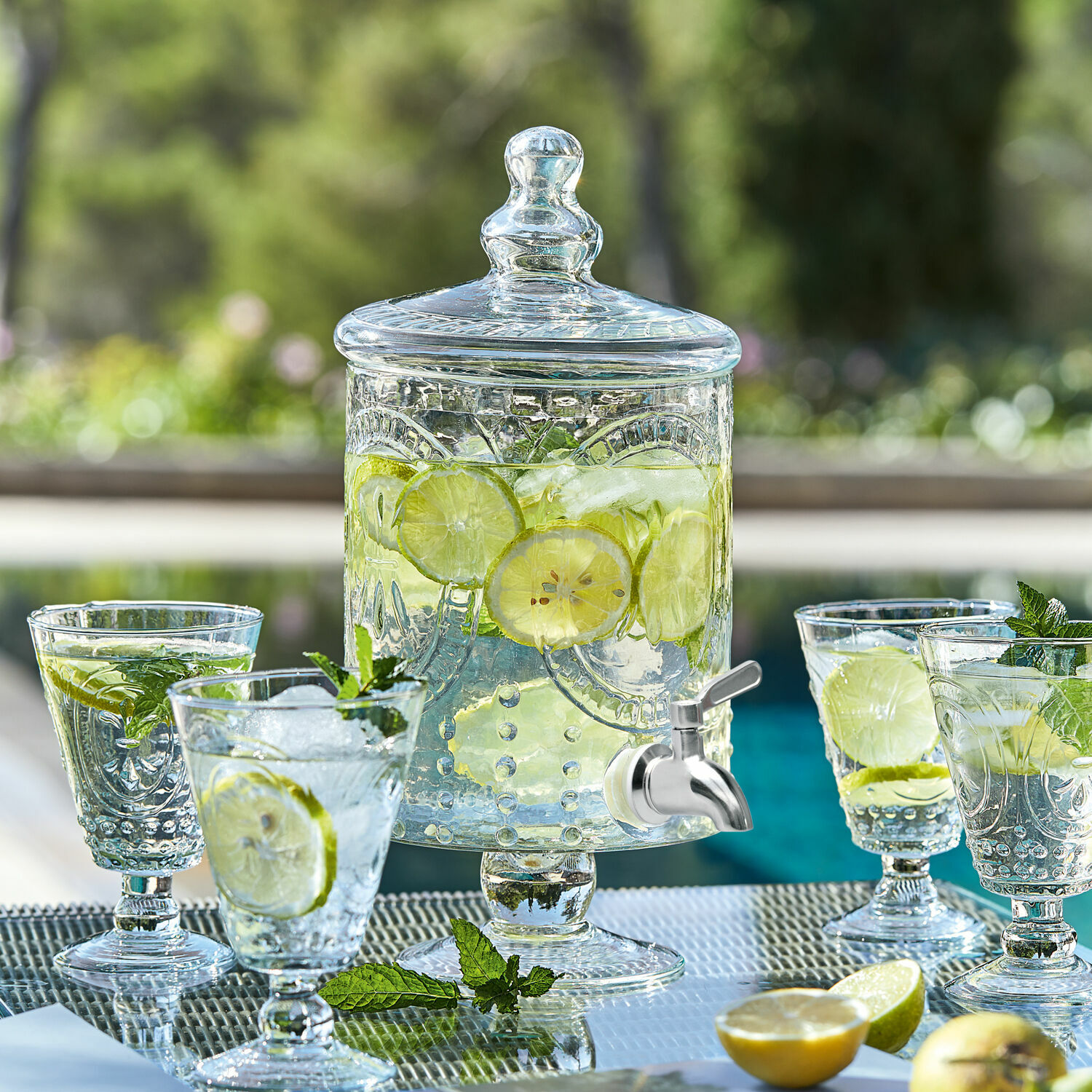 Dispenser di bevande Lys Dispenser per bevande in vetro con coperchio e rubinetto, limone e menta, perfetto per feste estive