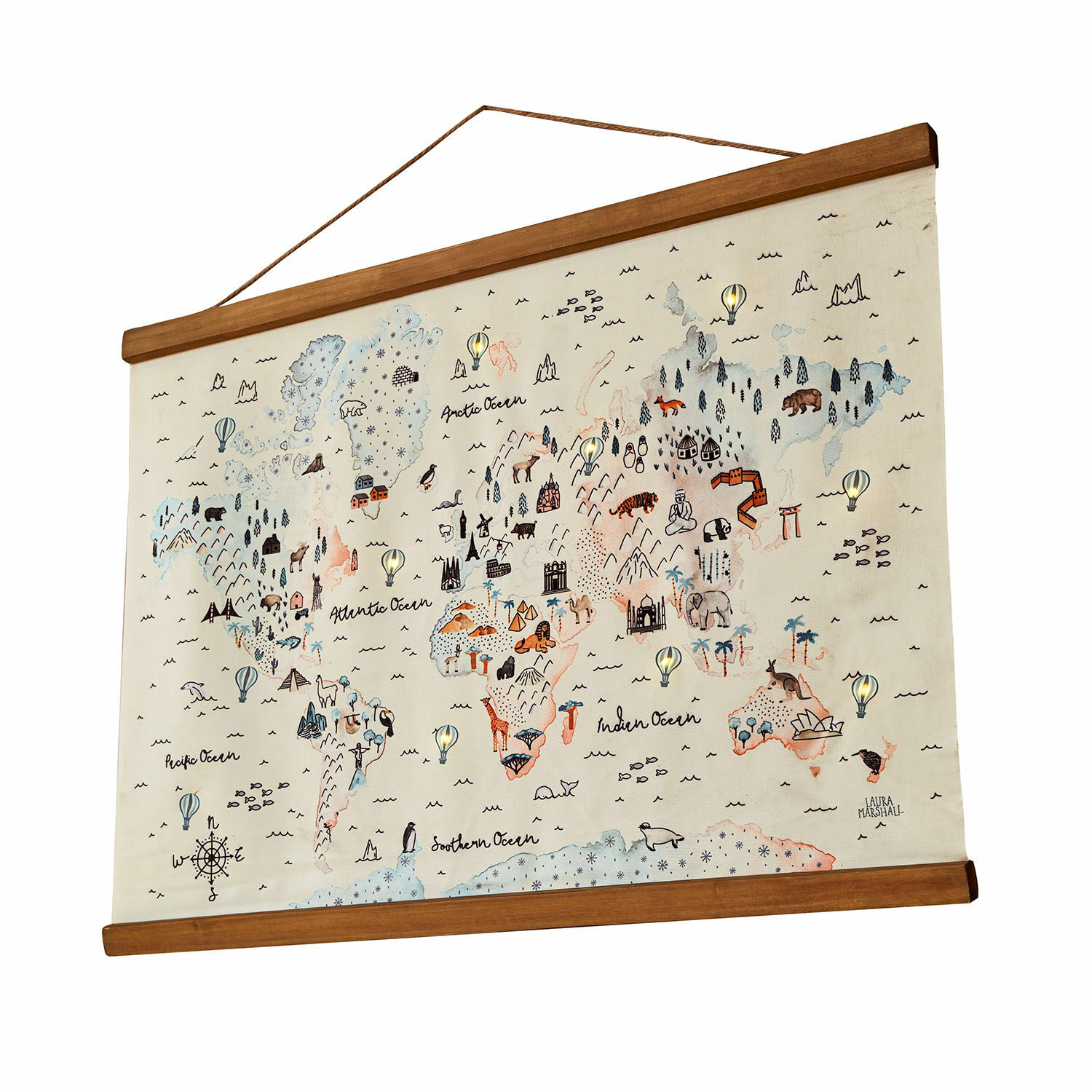 Quadro decorativo a LED Chaumont Mappa del mondo su tela con cornice in legno, illustrazioni di animali e monumenti, decorazione da parete