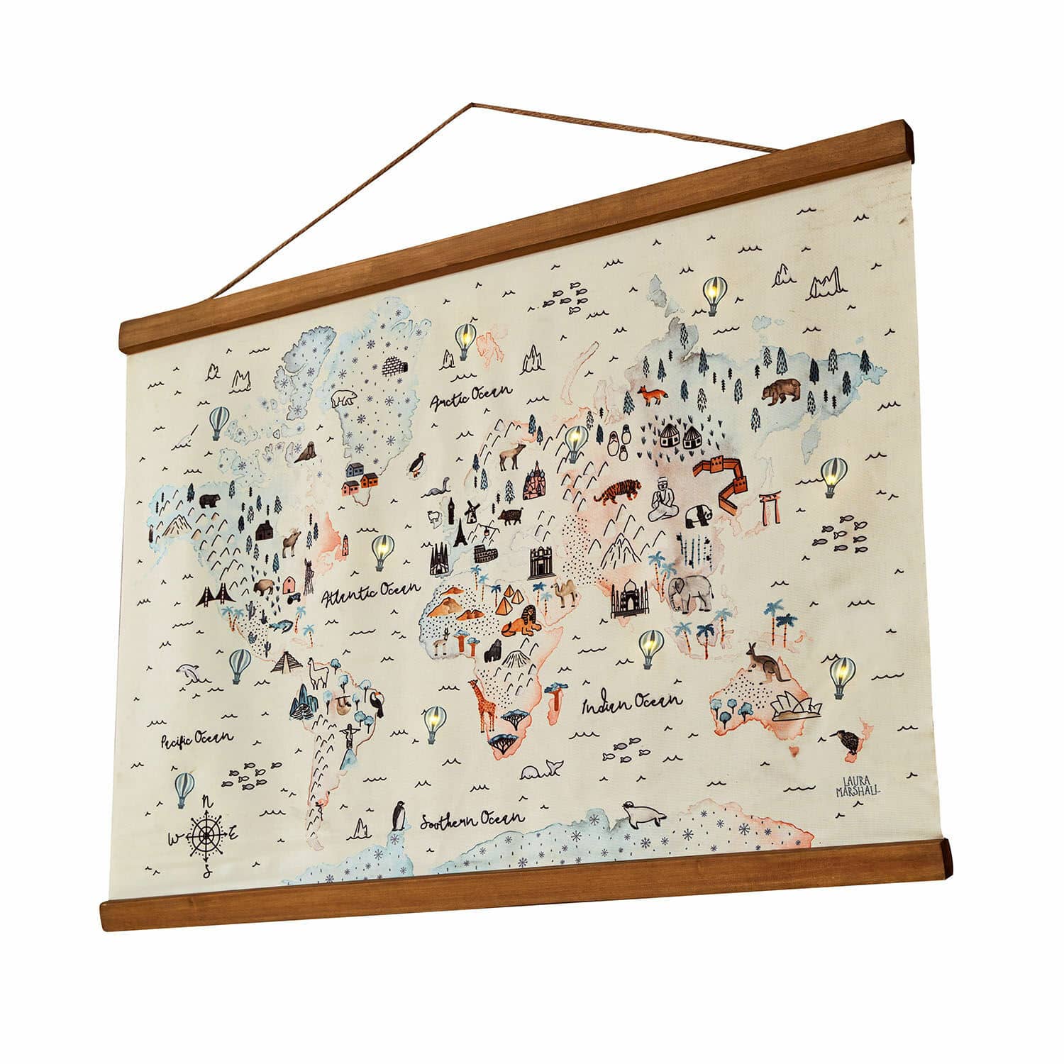 Quadro decorativo a LED Chaumont Mappa del mondo su tela con cornice in legno, illustrazioni di animali e monumenti, decorazione da parete