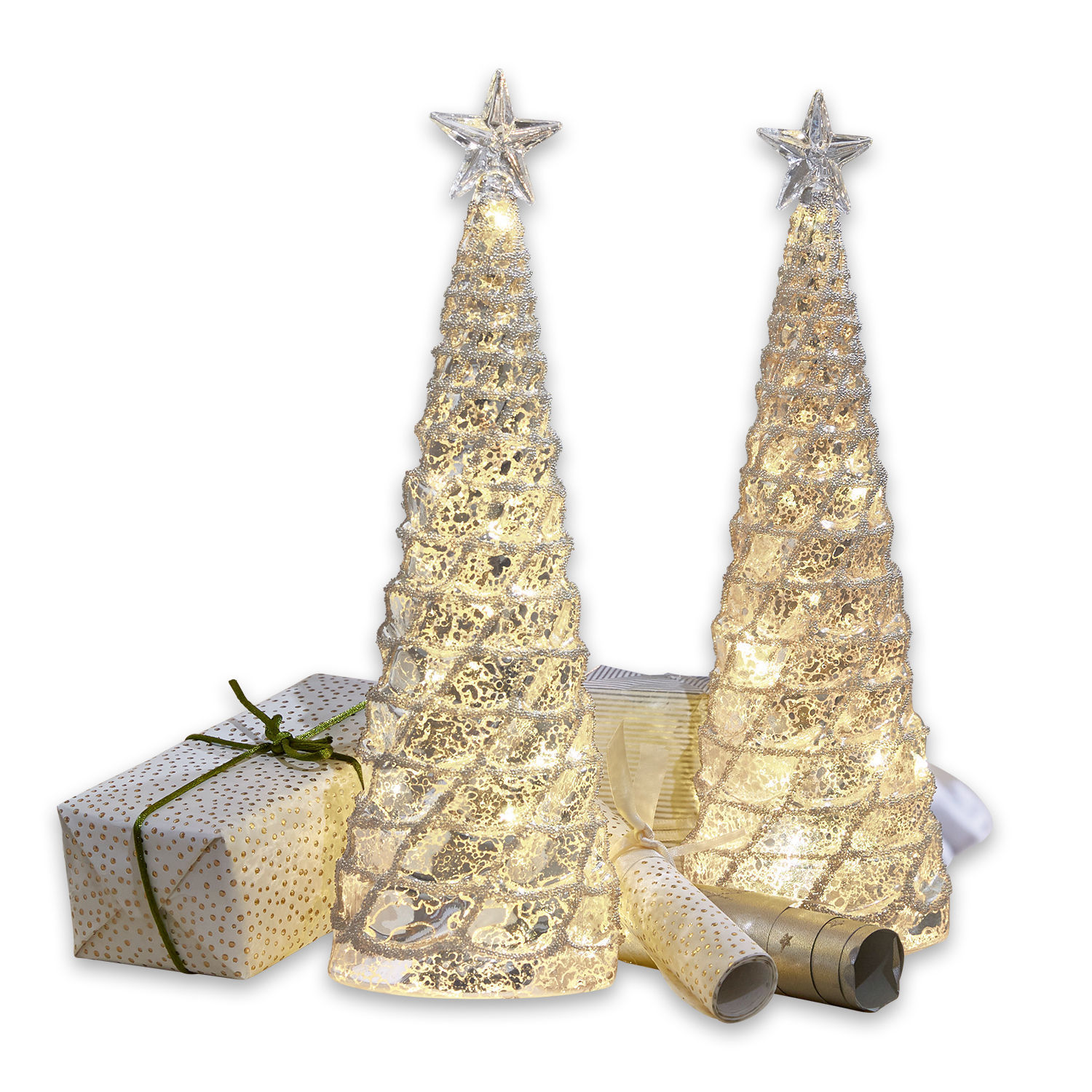Coppia di alberelli decorativi Glitter Due alberi di Natale decorativi LED trasparenti con stelle in cima e regali sullo sfondo