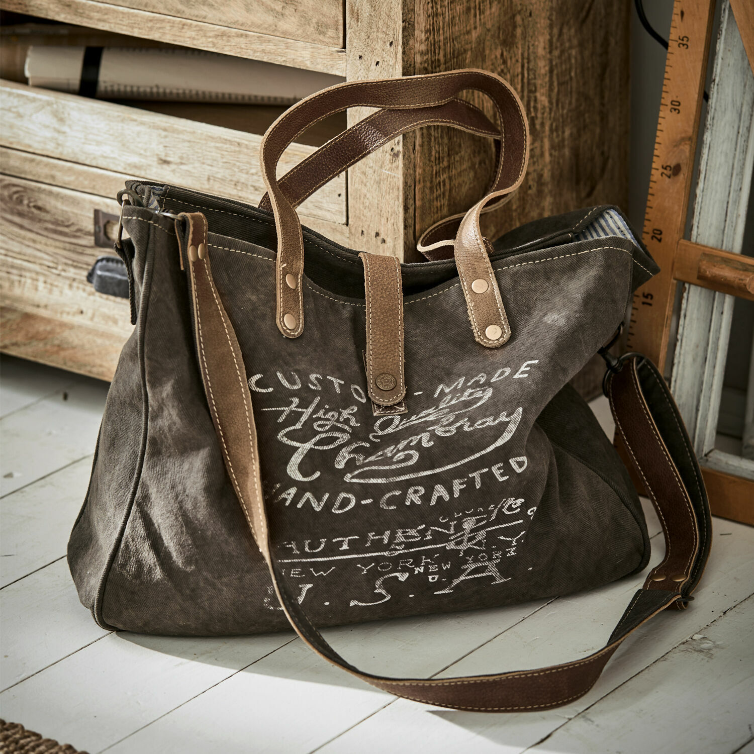 Borsa Kamjenia Borsa in tessuto grigio scuro con manici in pelle marrone e stampa vintage per uso quotidiano