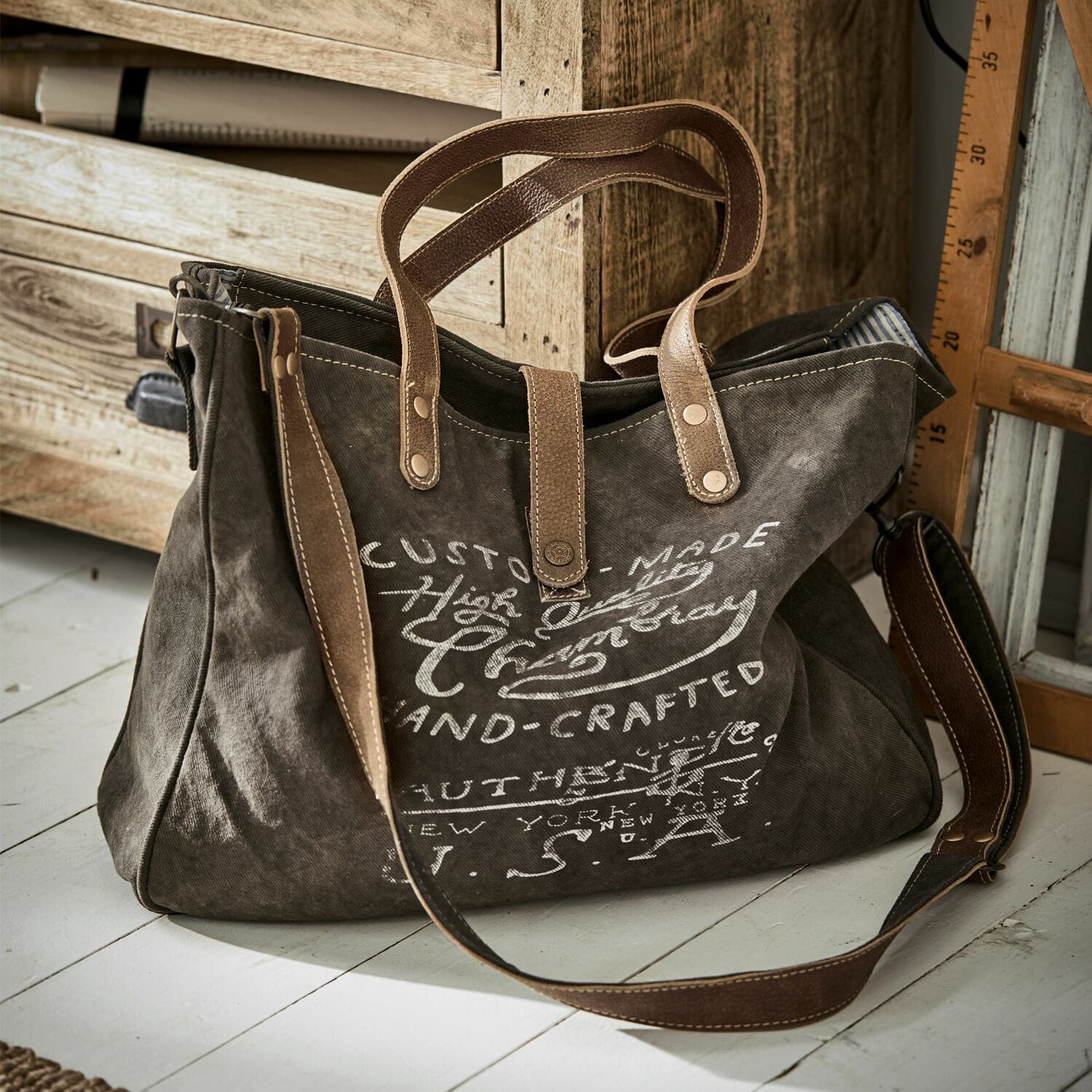 Borsa Kamjenia Borsa in tessuto grigio scuro con manici in pelle marrone e stampa vintage per uso quotidiano