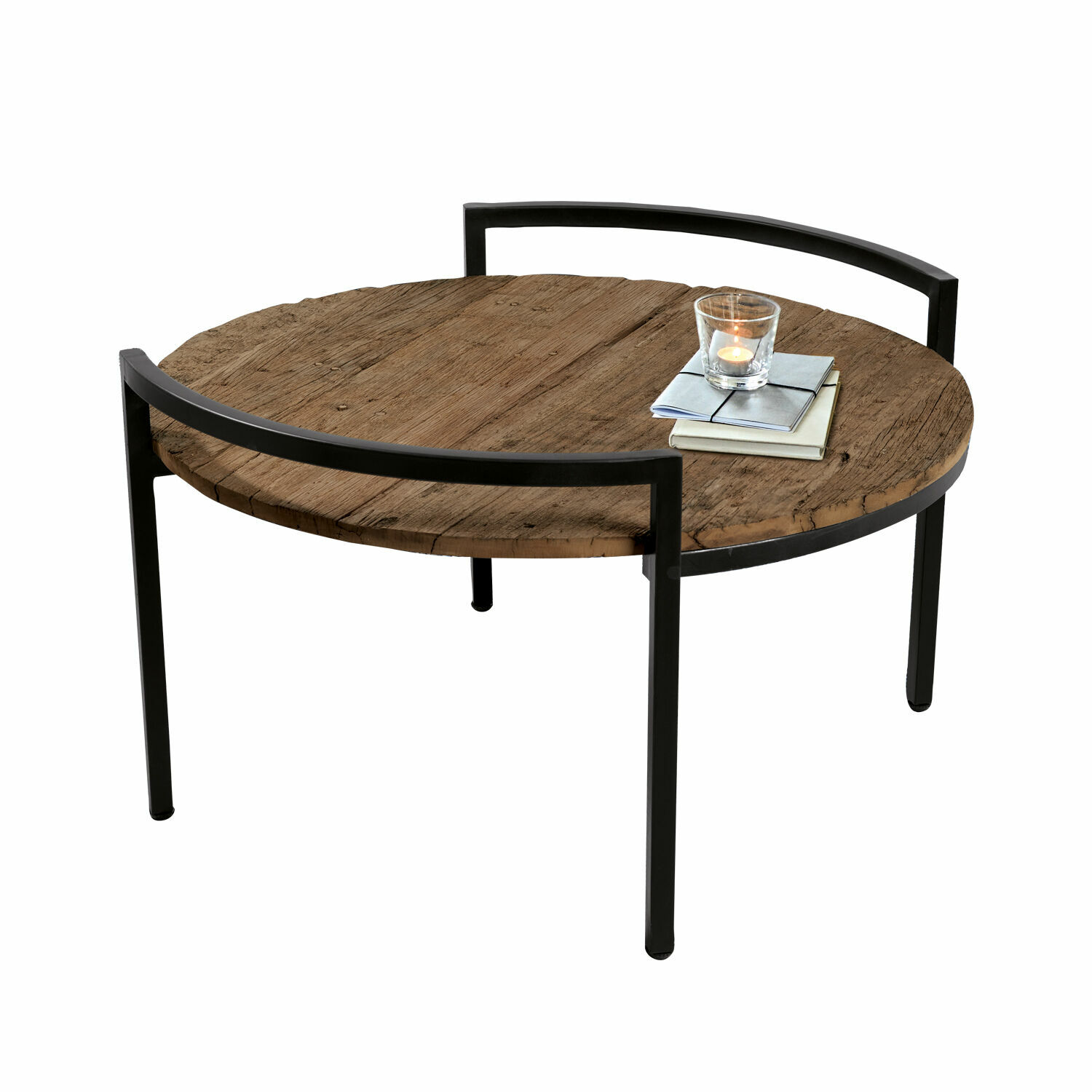 Tavolino da salotto Rosemill Tavolino rotondo con piano in legno e struttura metallica nera, design moderno per soggiorno