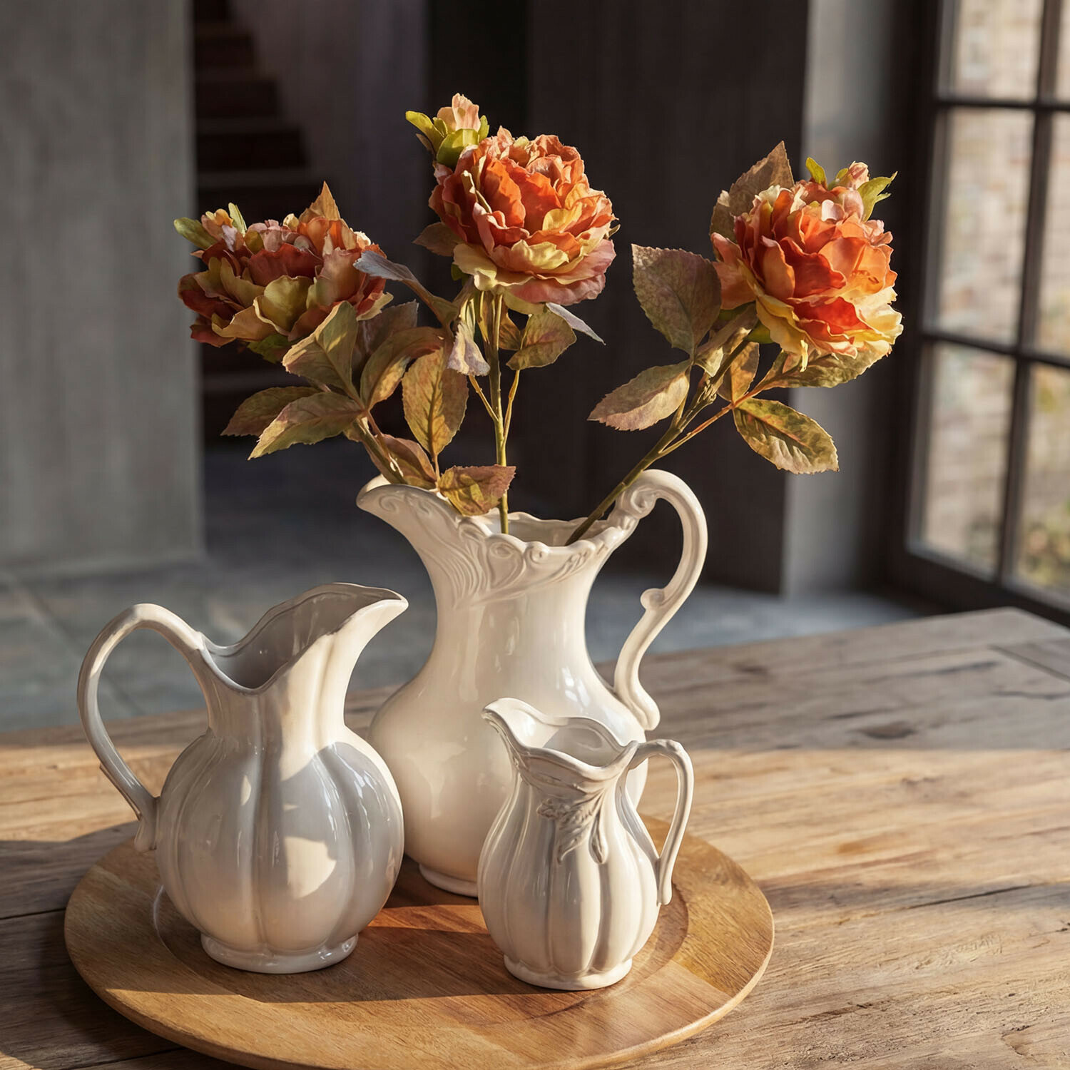 Set di 3 fiori decorativi Ambrayelle Tre brocche in ceramica bianca su vassoio di legno con fiori artificiali arancioni in interno rustico