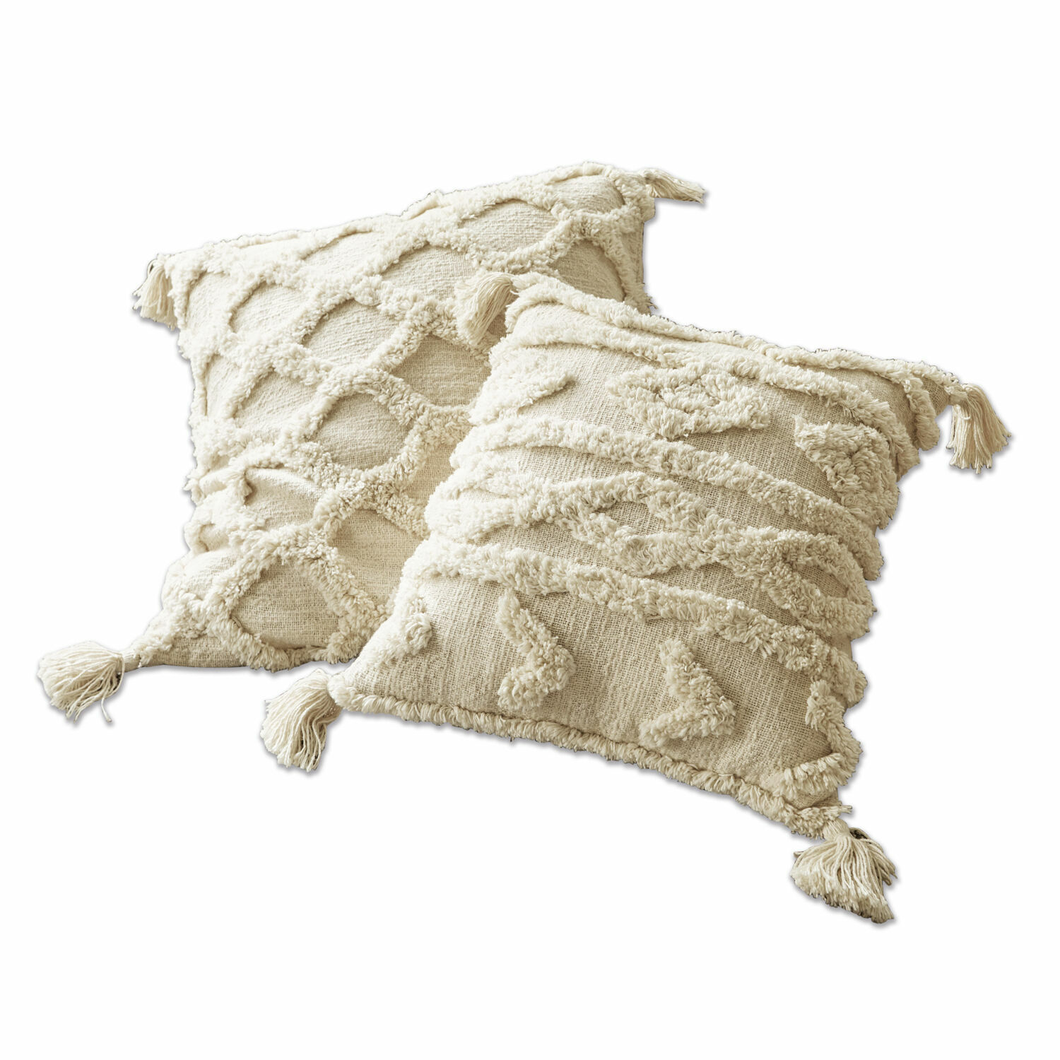 Coppia di copricuscini Linares Set di due cuscini decorativi crema in cotone con frange e motivo geometrico in rilievo