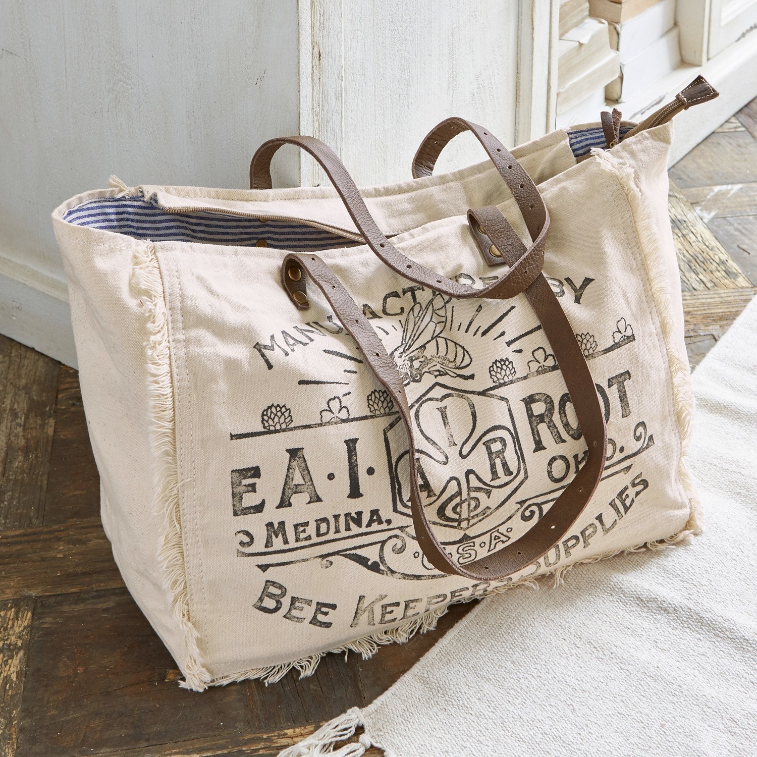 Borsa Cloe Borsa in cotone beige con manici in pelle marrone e stampa ape, borsa pratica per la spesa