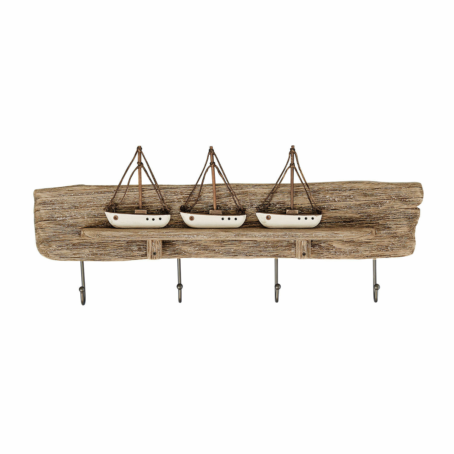 Listello con ganci Douxie Appendiabiti da parete in legno con quattro ganci in metallo e tre barche bianche decorative