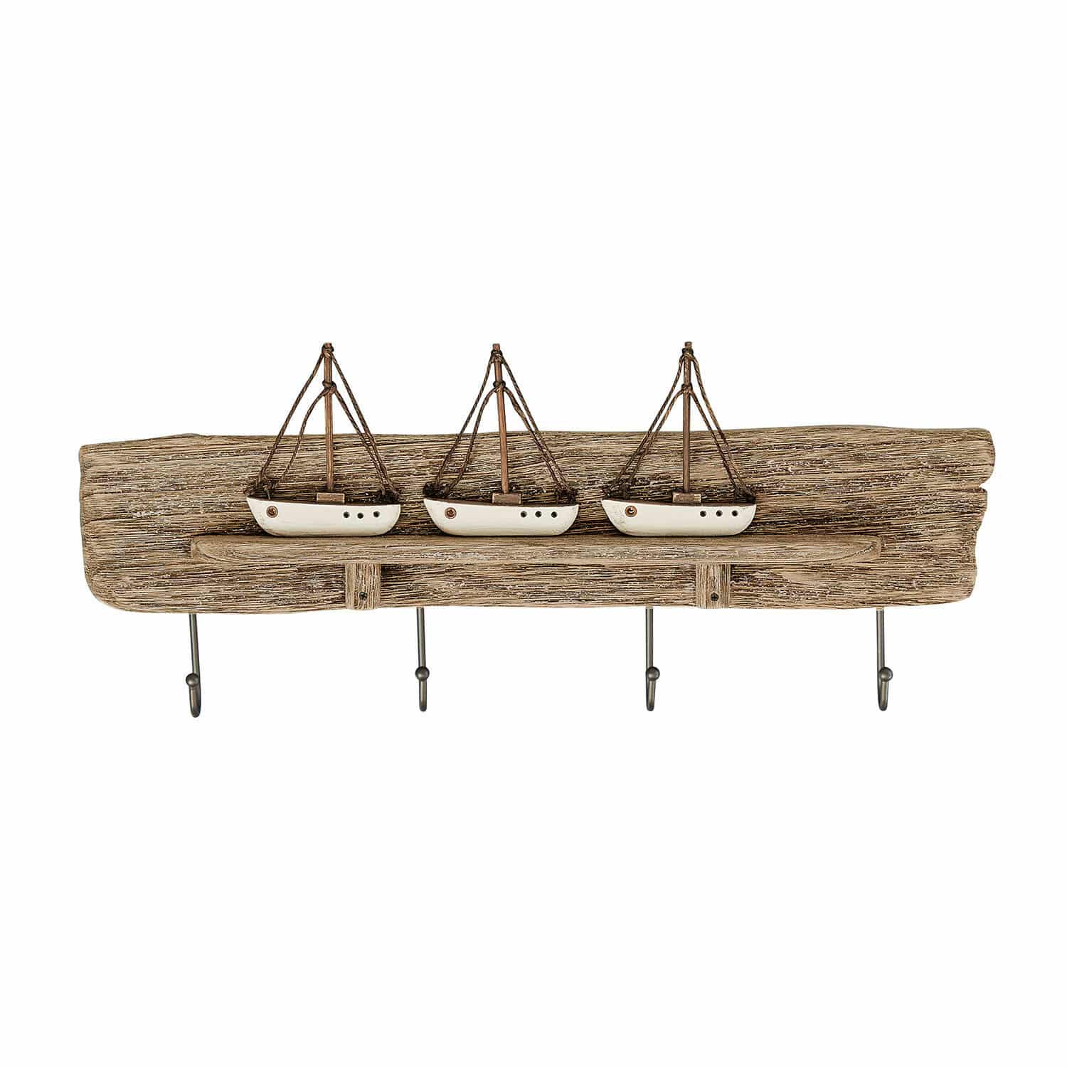 Listello con ganci Douxie Appendiabiti da parete in legno con quattro ganci in metallo e tre barche bianche decorative