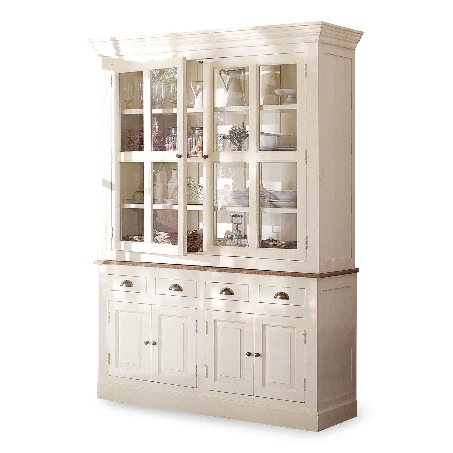 Credenza Morningside Vetrina bianca in legno con ante in vetro e cassetti per riporre la stoviglieria