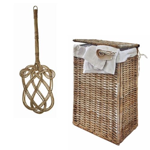 Cesto porta biancheria in rattan naturale con coperchio e scopa intrecciata a mano