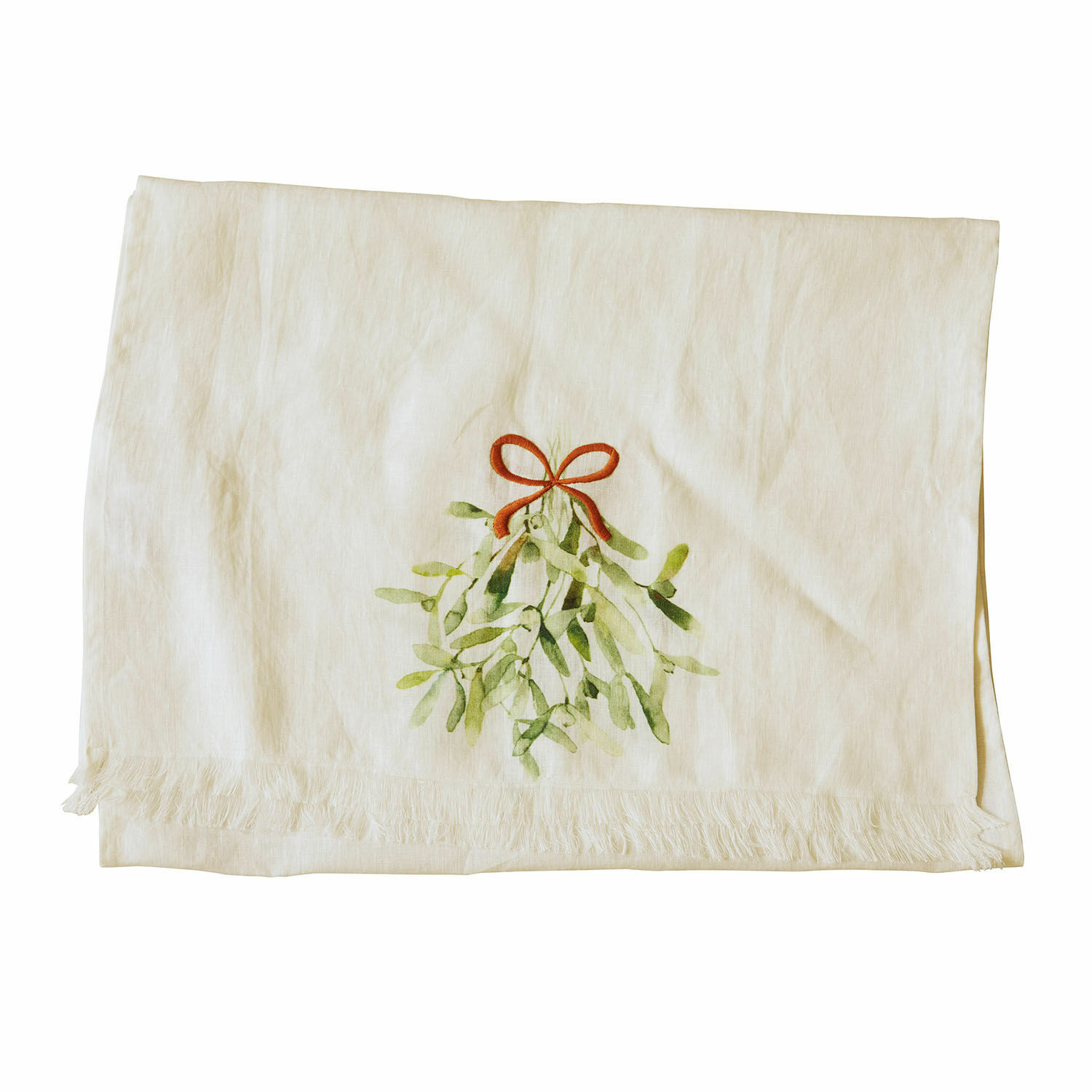 Runner Mistletoe Tovaglia in lino color ecru con motivo di vischio e fiocco rosso, decorazione natalizia