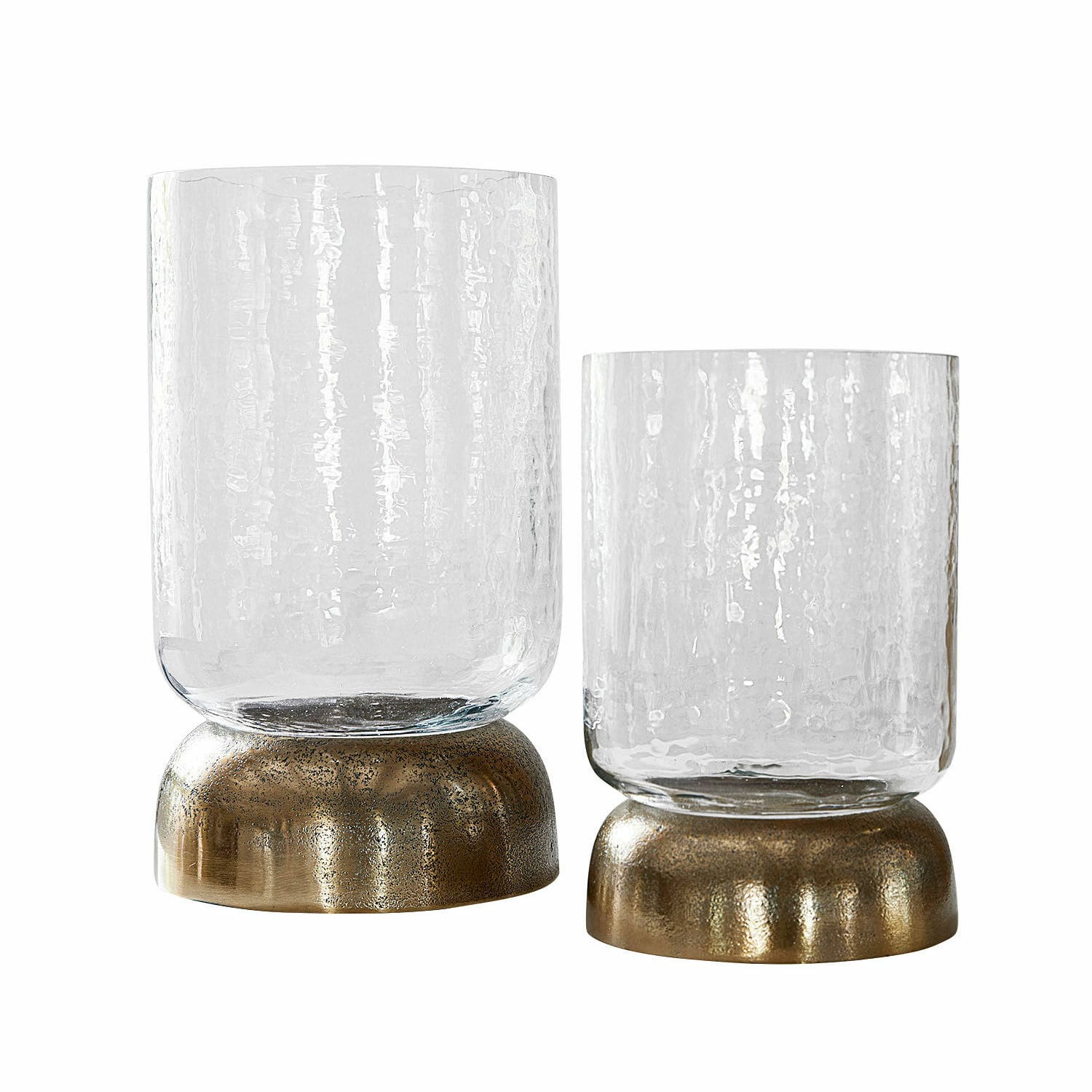 Coppia di portacandele Biserre Set di due portacandele in vetro con base in ottone, vetro trasparente strutturato, decorazione per interni