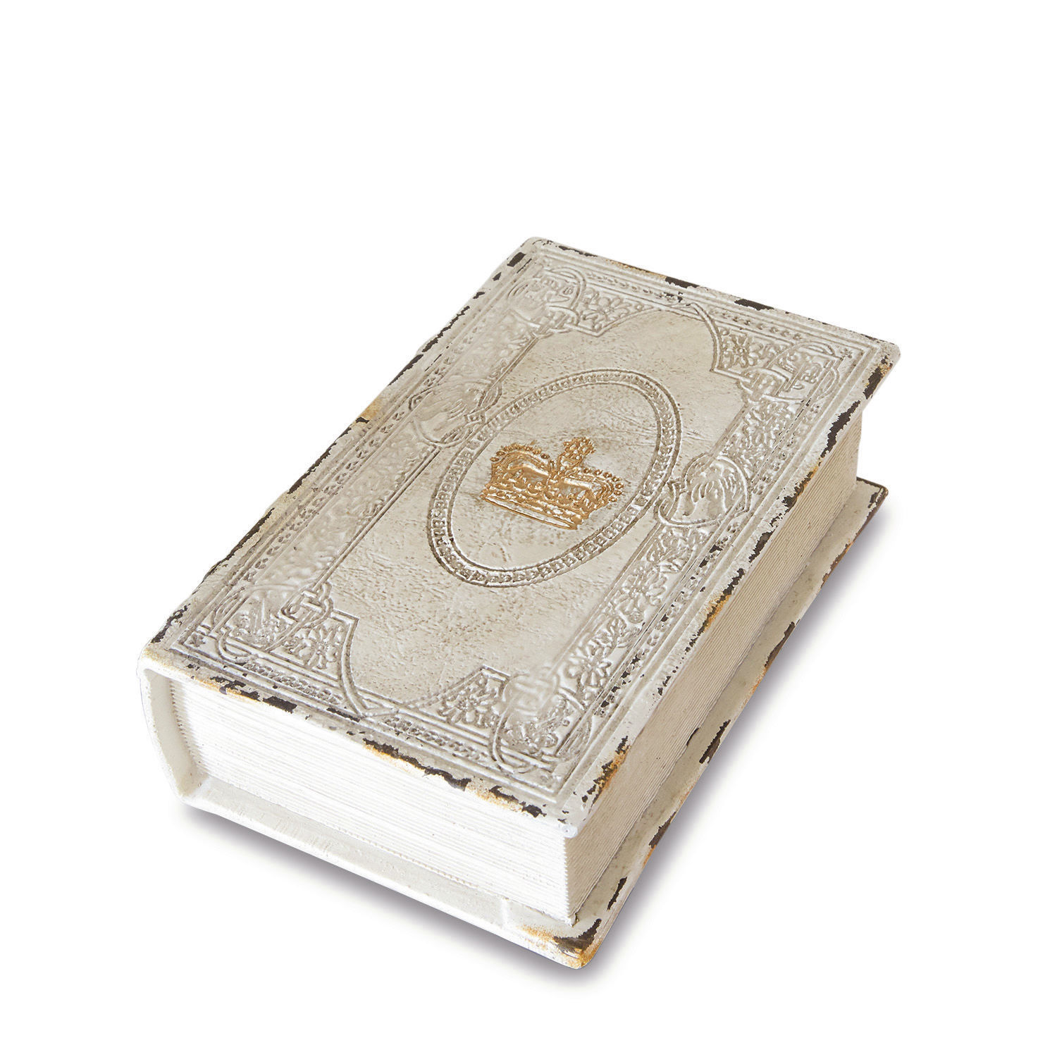 Scrignetto a libro Anglure Scatola decorativa bianca in legno a forma di libro con corona dorata sulla copertina