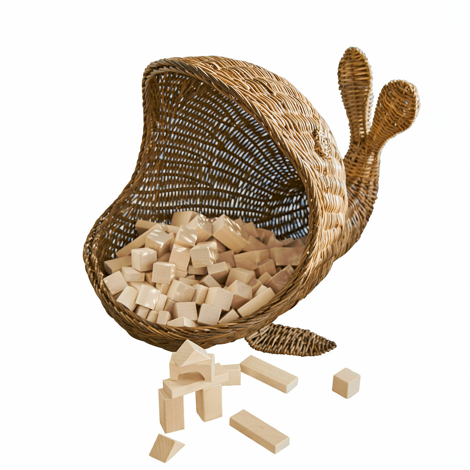 Cesto Cheruboo Cesto a forma di lumaca in vimini con blocchi di legno naturale per giochi bambini