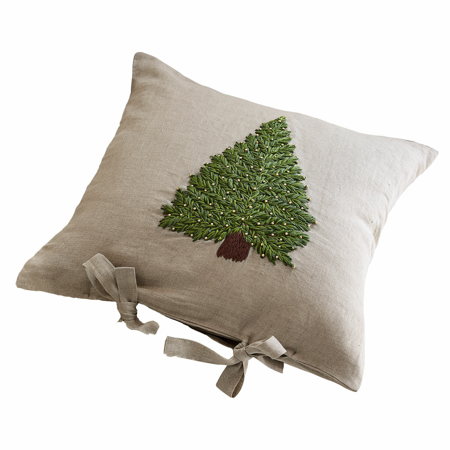 Copricuscino Amuré Cuscino beige in lino con albero verde ricamato e fiocchi, decorazione natalizia per casa