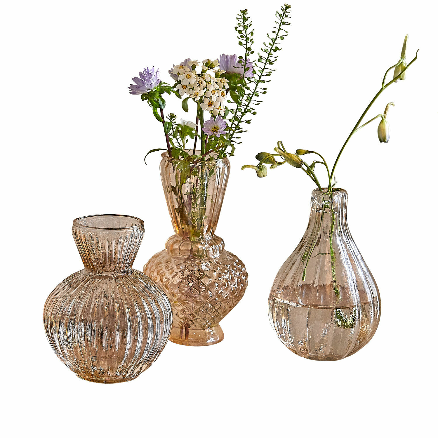Set di 3 vasi Faunelle Set di tre vasi in vetro trasparente con fiori delicati, decorazione elegante per tavolo