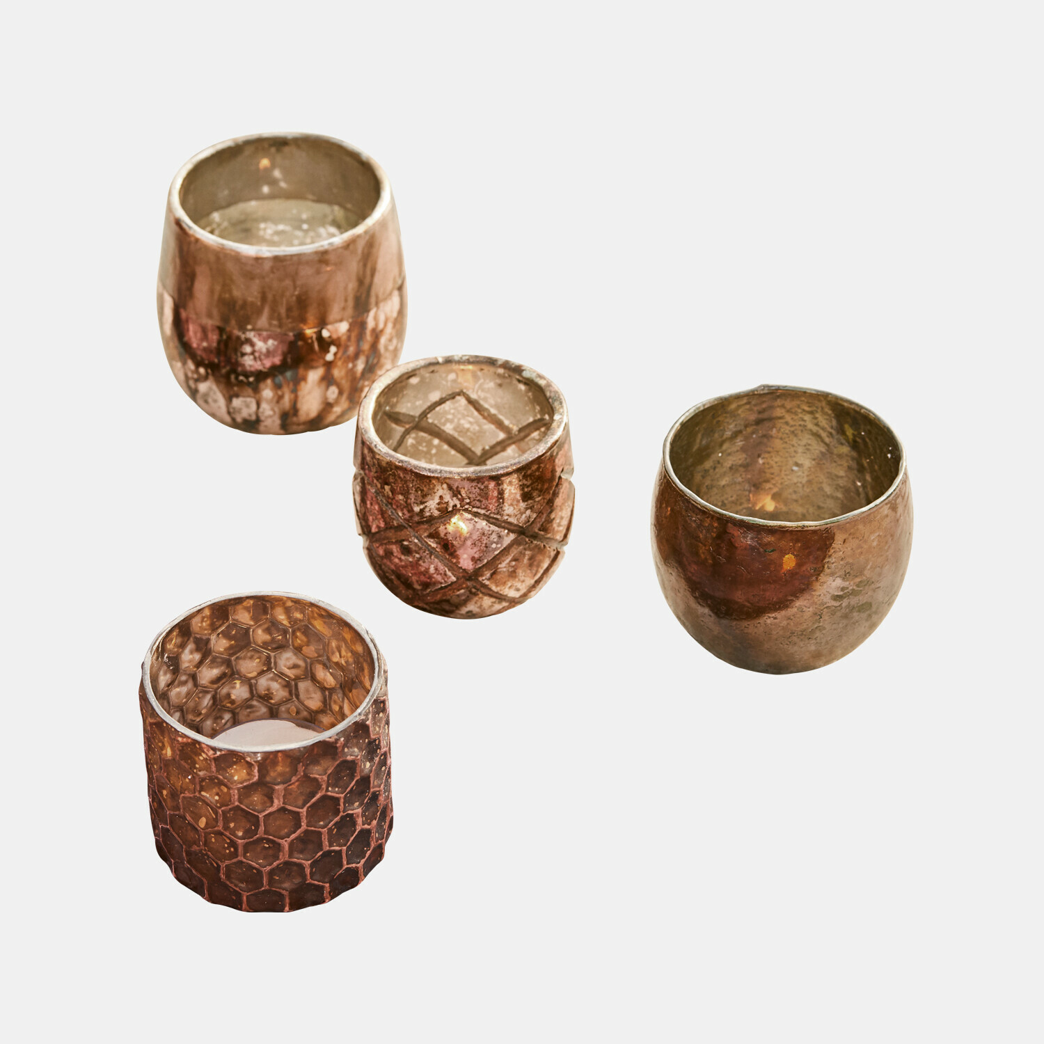 Set di 4 portacandele in vetro color rame rosa e rame per decorazione d'interni