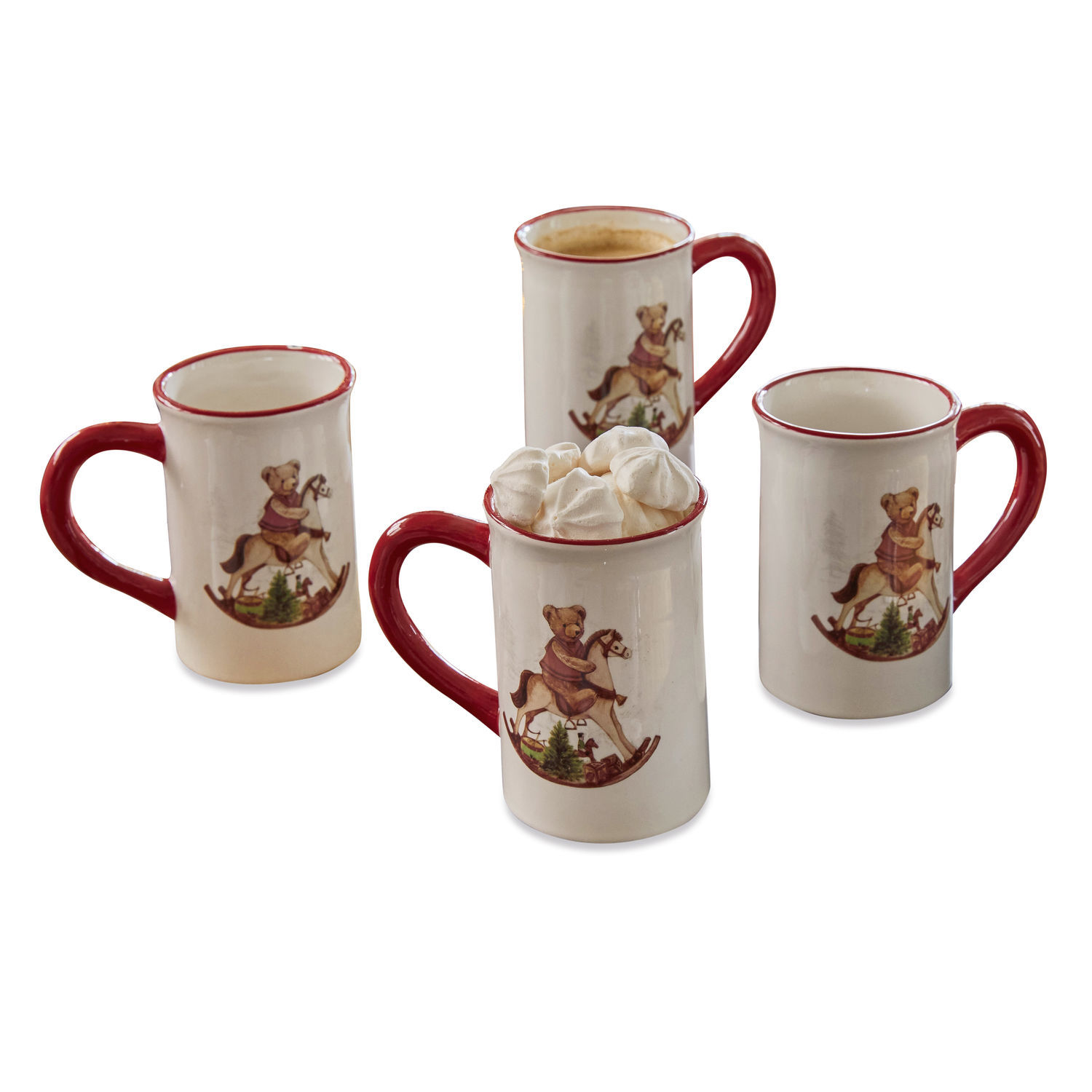 Set di 4 tazze Troms Set di 4 tazze in ceramica con manico rosso e motivo orso su cavallo a dondolo