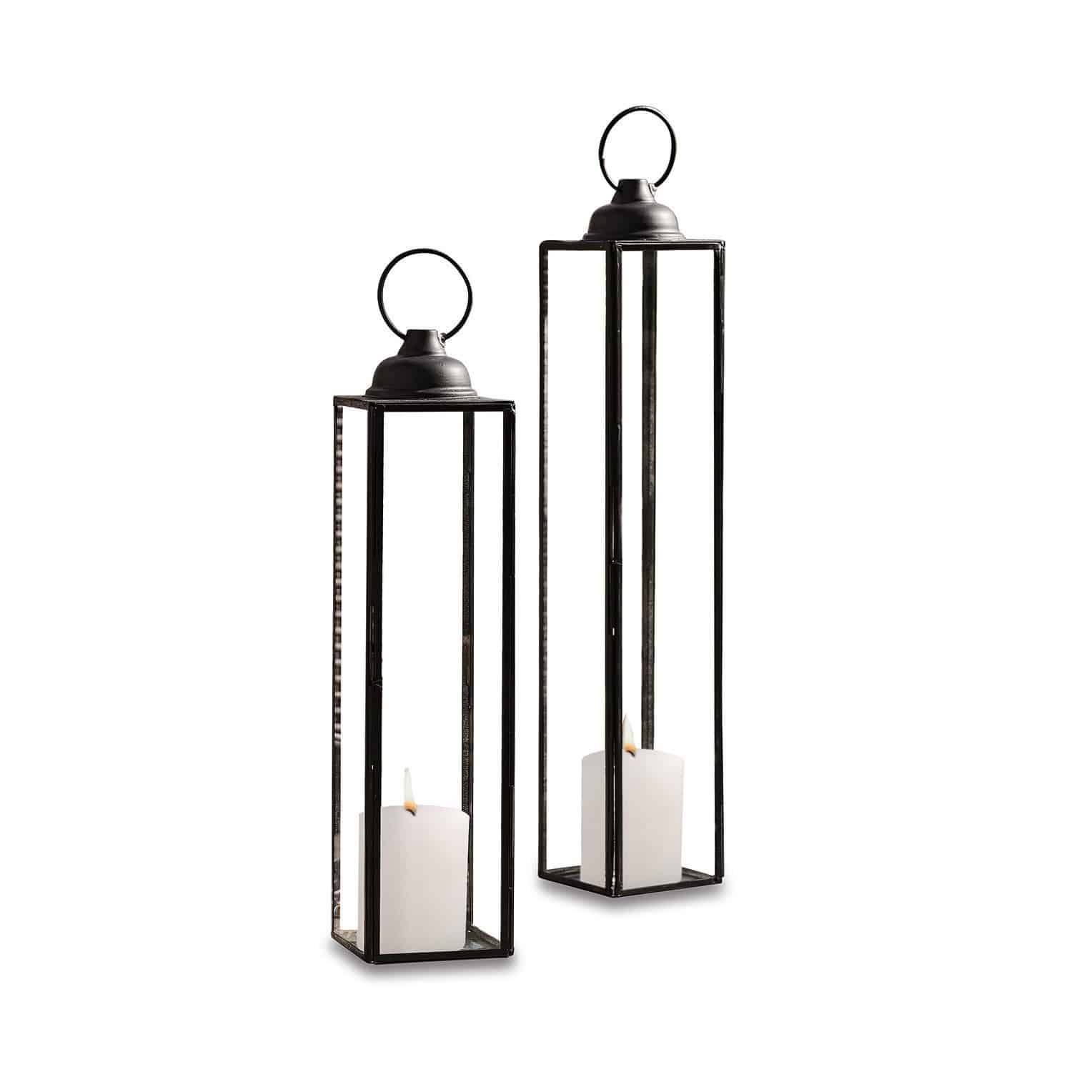 Coppia di lanterne Radu Set di due lanterne in metallo nero con candele bianche per decorazioni interne ed esterne