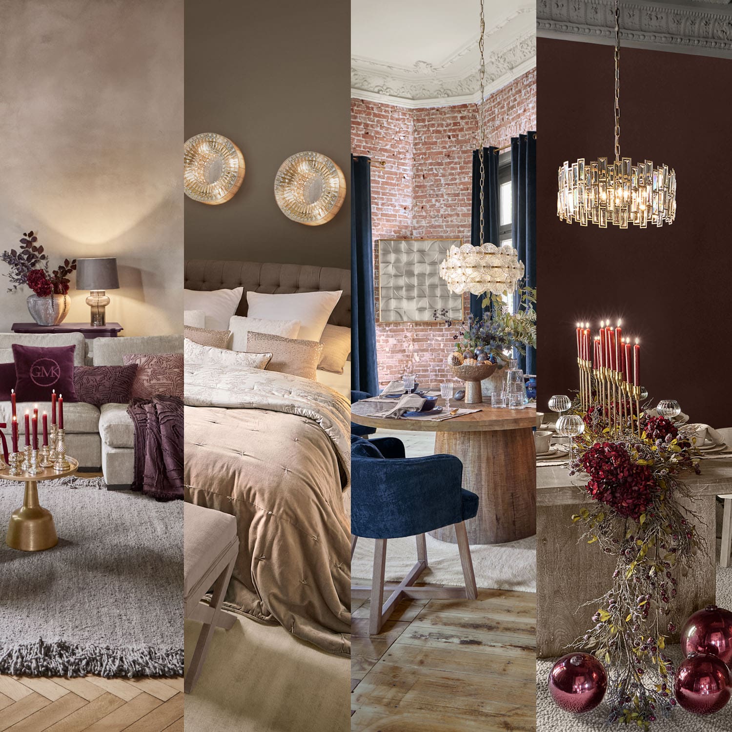 Quattro stili d'interni con lampade e decorazioni in legno, tessuto e metallo in vari colori e materiali