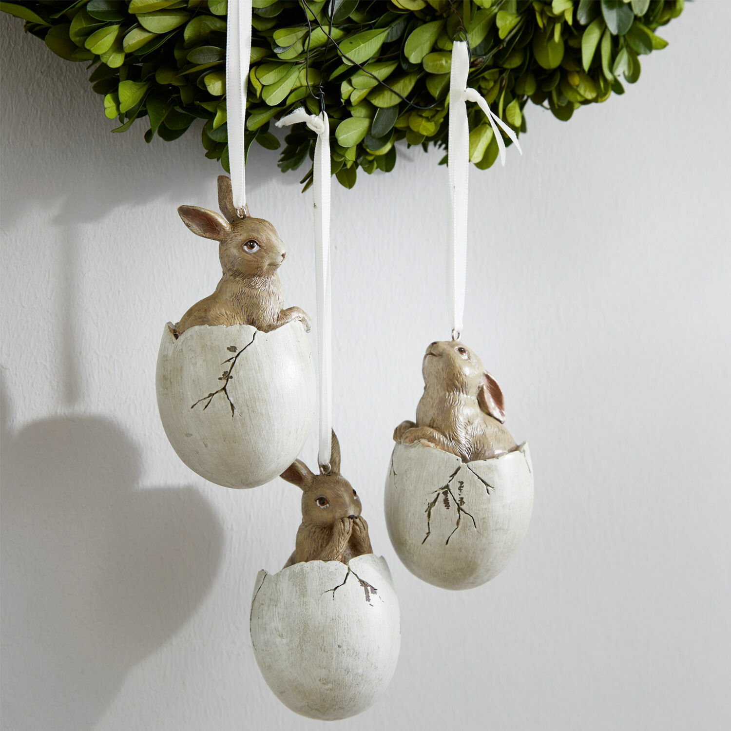 Set di 3 decorazioni da appendere Marlin Decorazioni sospese con conigli in gusci d'uovo bianchi, ornamenti pasquali