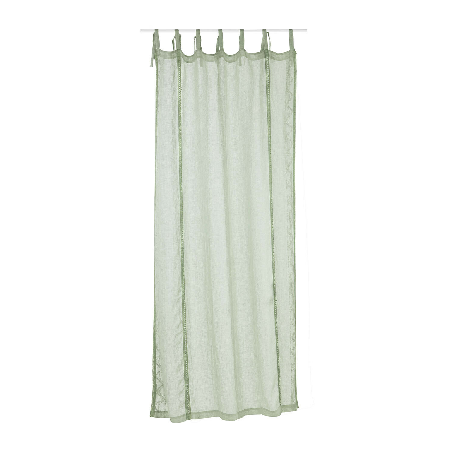 Tenda Atlantropa Tenda leggera verde in lino con delicato ricamo e nastri per appendere, decorazione per finestra