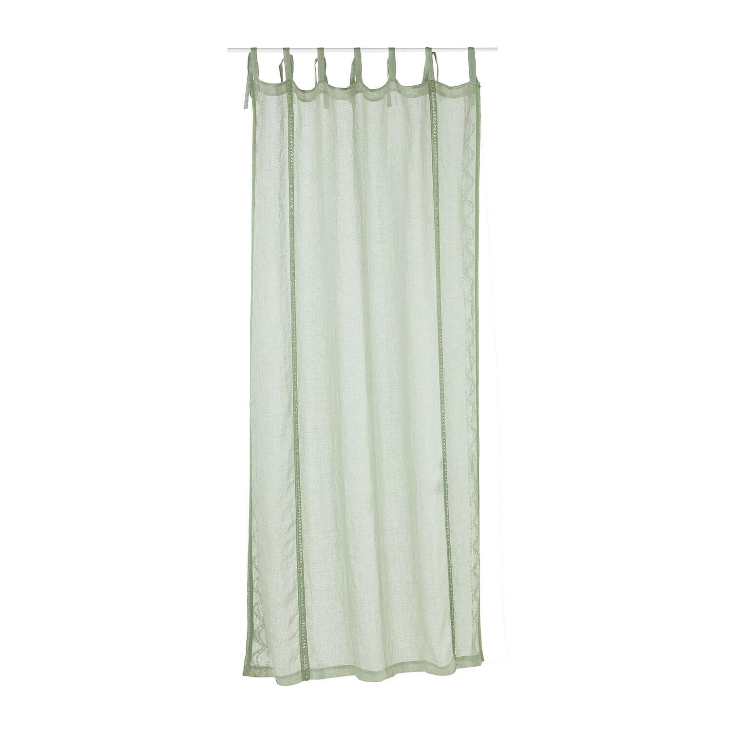 Tenda Atlantropa Tenda leggera verde in lino con delicato ricamo e nastri per appendere, decorazione per finestra
