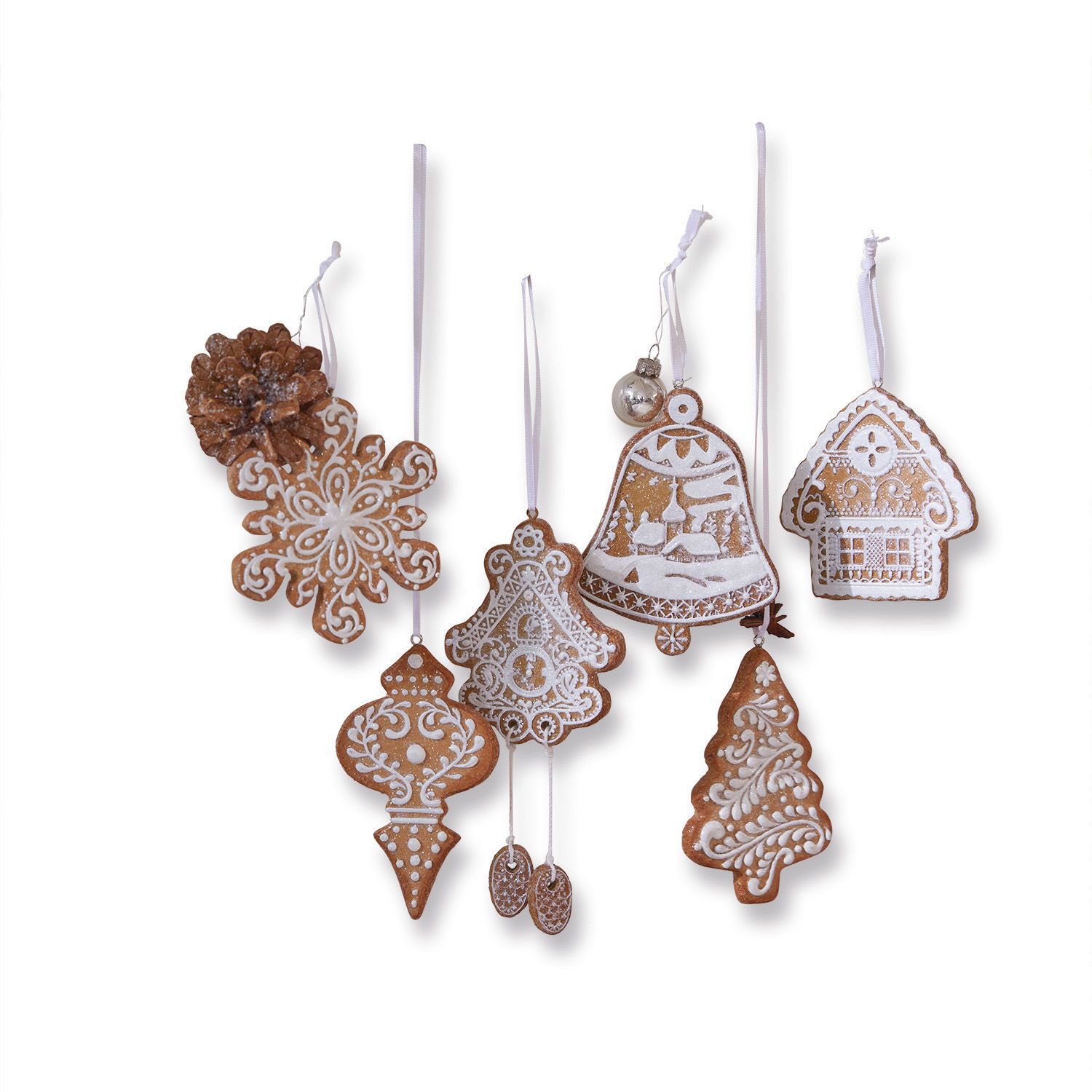 Set di 6 decorazioni da appendere Anyama Set di 6 decorazioni natalizie in pan di zenzero con decorazioni bianche e nastri per appendere