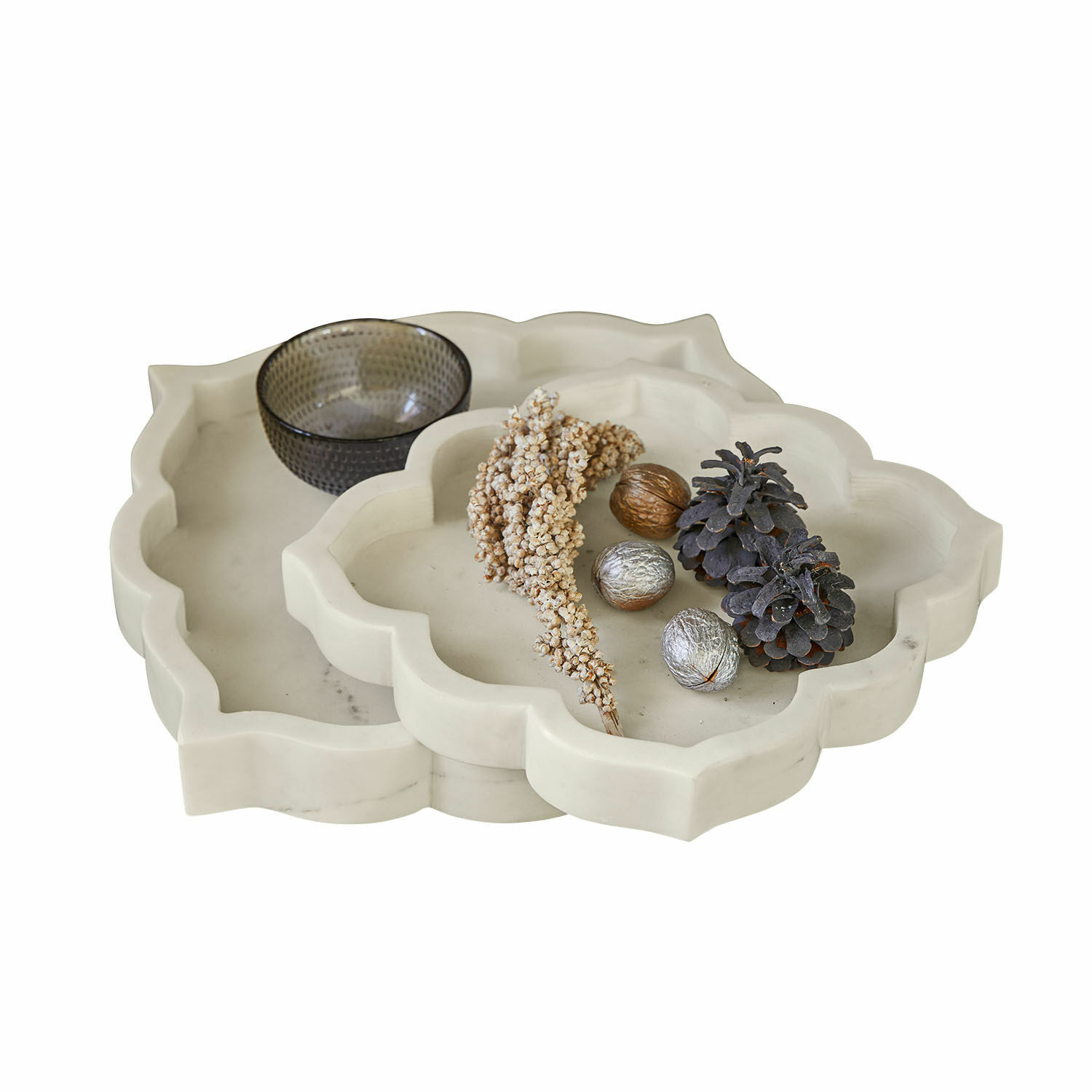 Coppia di ciotole Melisune Vassoi decorativi in marmo bianco a forma di fiore con decorazioni e ciotola in vetro