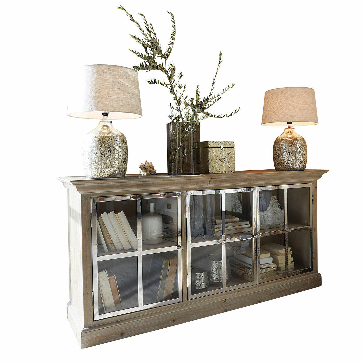 Credenza bassa Keyport Credenza in legno con ante in vetro e lampade decorative sopra, stile rustico