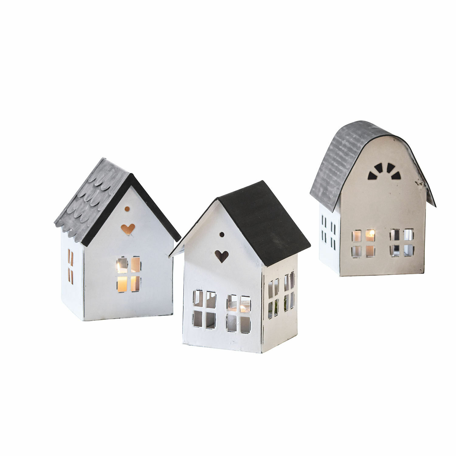 Set di 3 lanterne Lambray Set di tre lanterne in metallo a forma di casetta bianca e grigia per decorazione d'interni