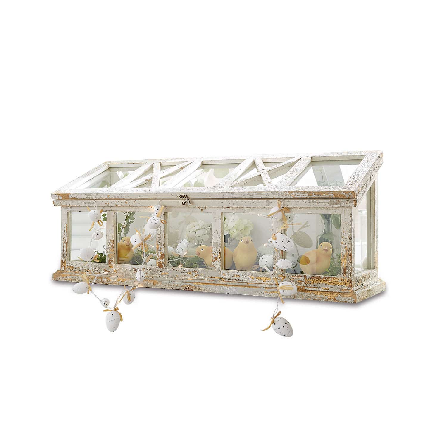 Serra Visastis Serra decorativa in legno bianco invecchiato con decorazioni pasquali e uccellini gialli all'interno