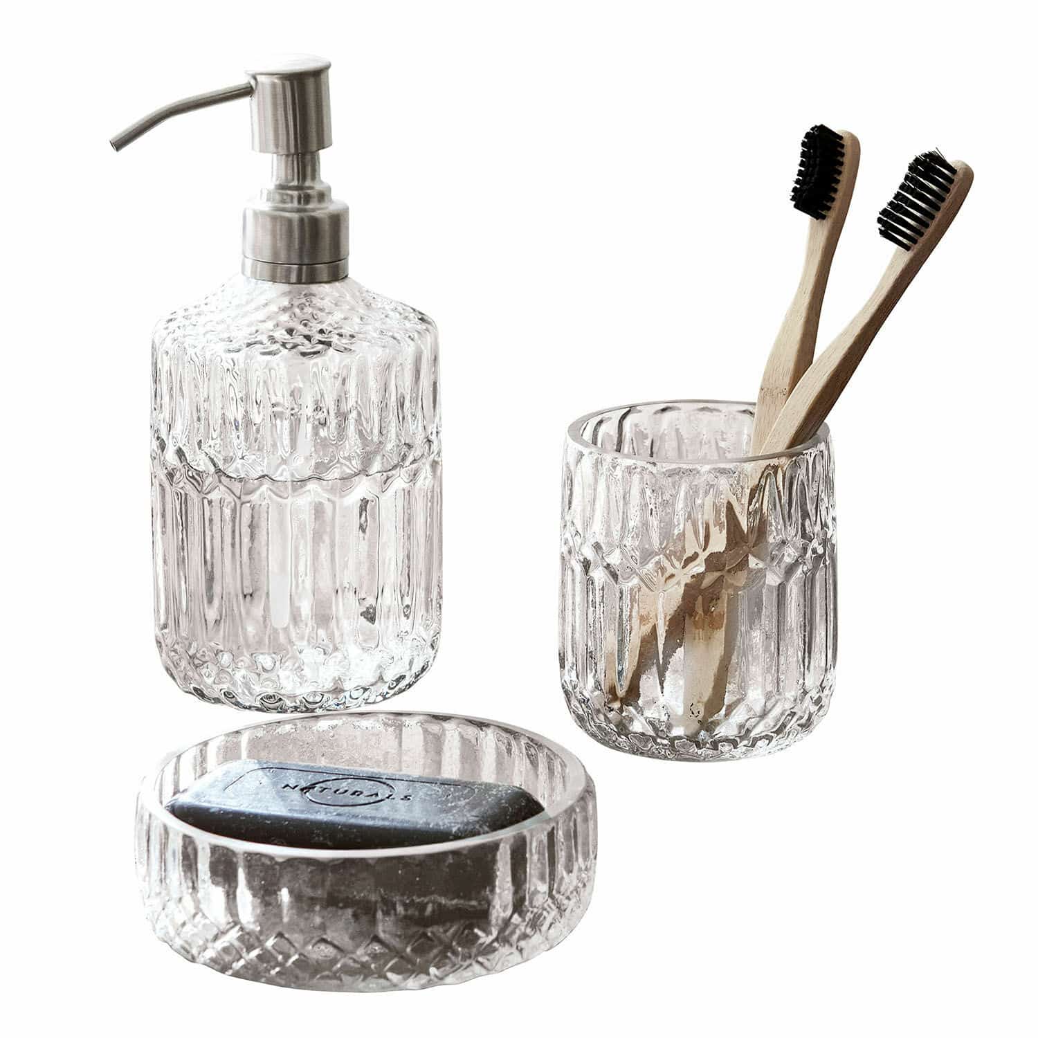 Set per bagno Denney Set da bagno in vetro trasparente con dispenser, bicchiere e portasapone per spazzolini e sapone