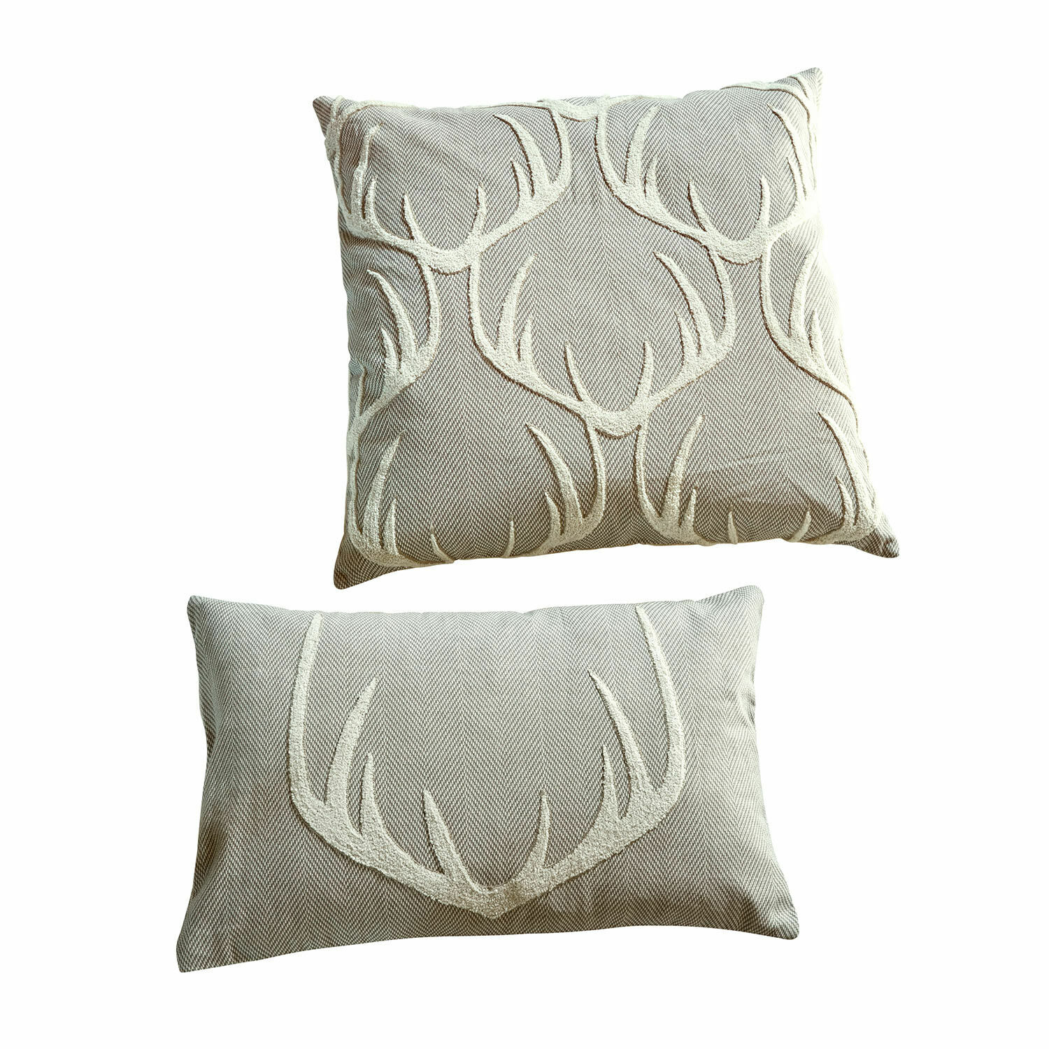 Coppia di copricuscini Soreva Set di due cuscini decorativi in tessuto beige con motivo ricamato di corna, tessili per soggiorno