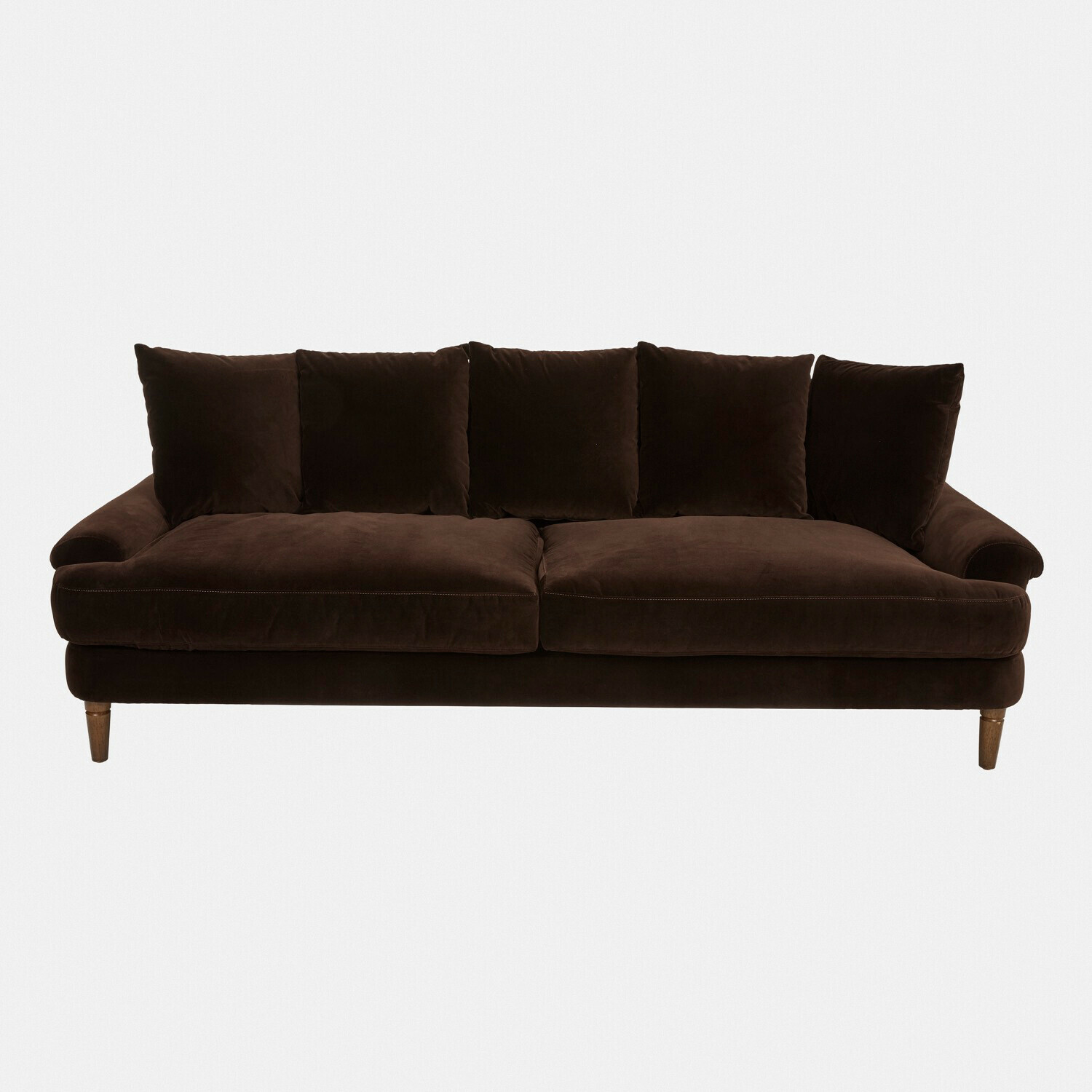 marrone scuro Divano Rivermere in velluto marrone scuro con cuscini e gambe in legno, mobile confortevole per soggiorno