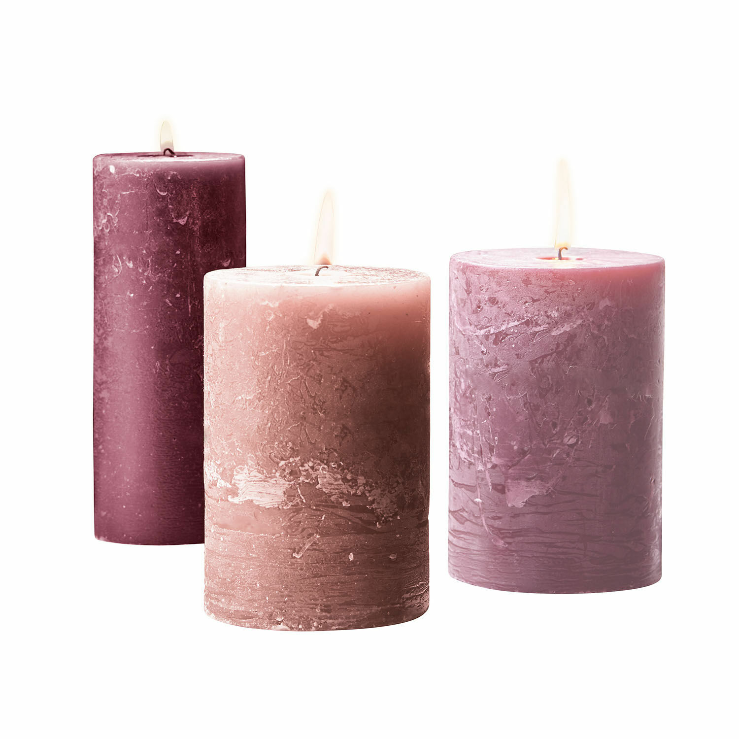 rosa Set di 3 candele rosa Salis in cera con texture rustica, decorazione e atmosfera rilassante