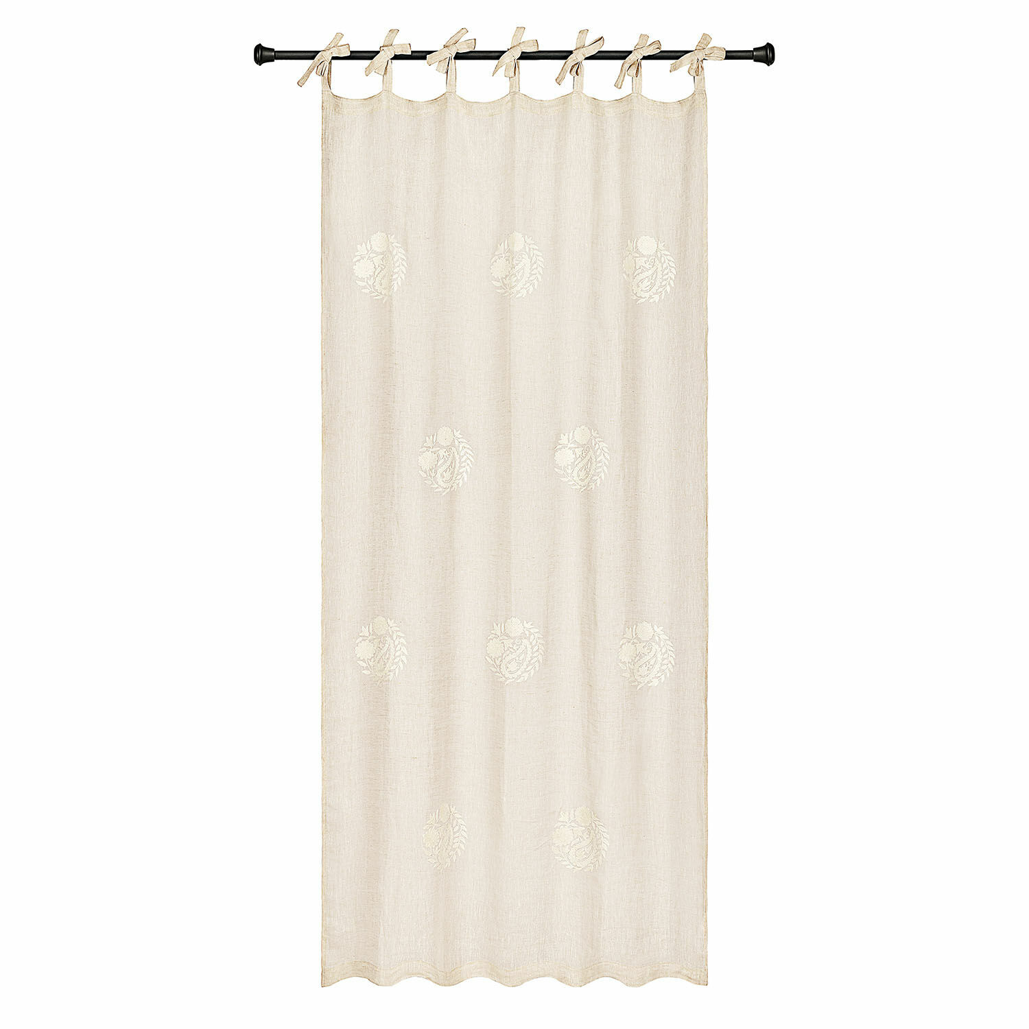 Tenda Pivonar Tenda in lino beige con ricamo delicato e nastri annodati per appendere, decorazione finestra