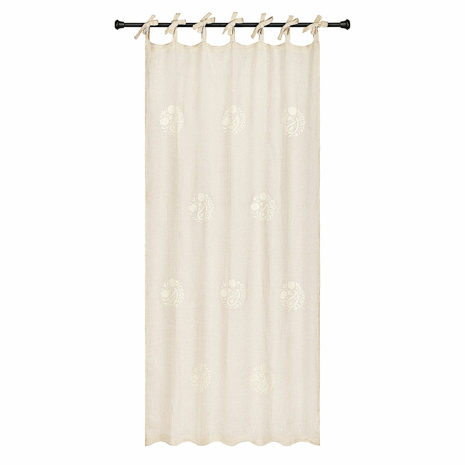 Tenda Pivonar Tenda in lino beige con ricamo delicato e nastri annodati per appendere, decorazione finestra