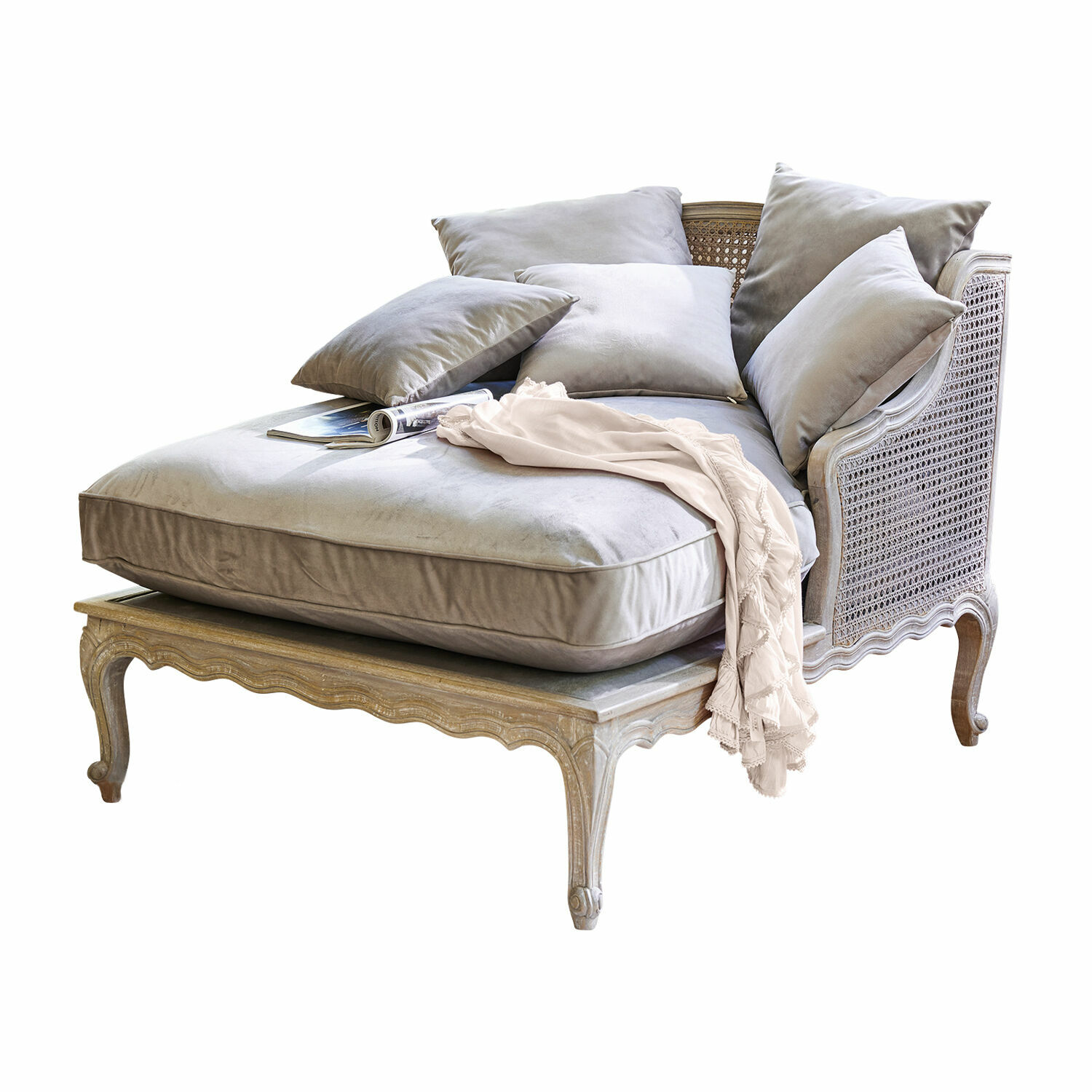 Chaise longue Dronne Poltrona elegante in velluto grigio chiaro con struttura in legno intrecciato, mobile confortevole