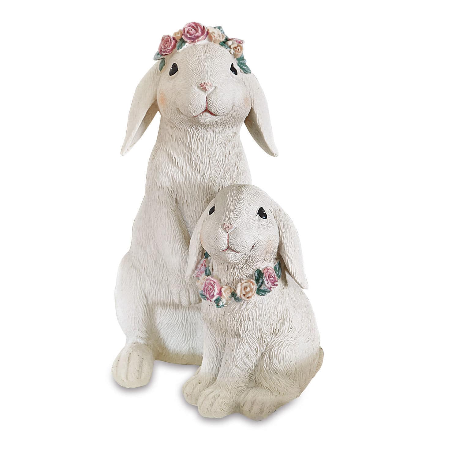 Coniglietti Sappos Due figure di conigli bianchi in resina con corone di fiori rosa, decorazione per casa e giardino