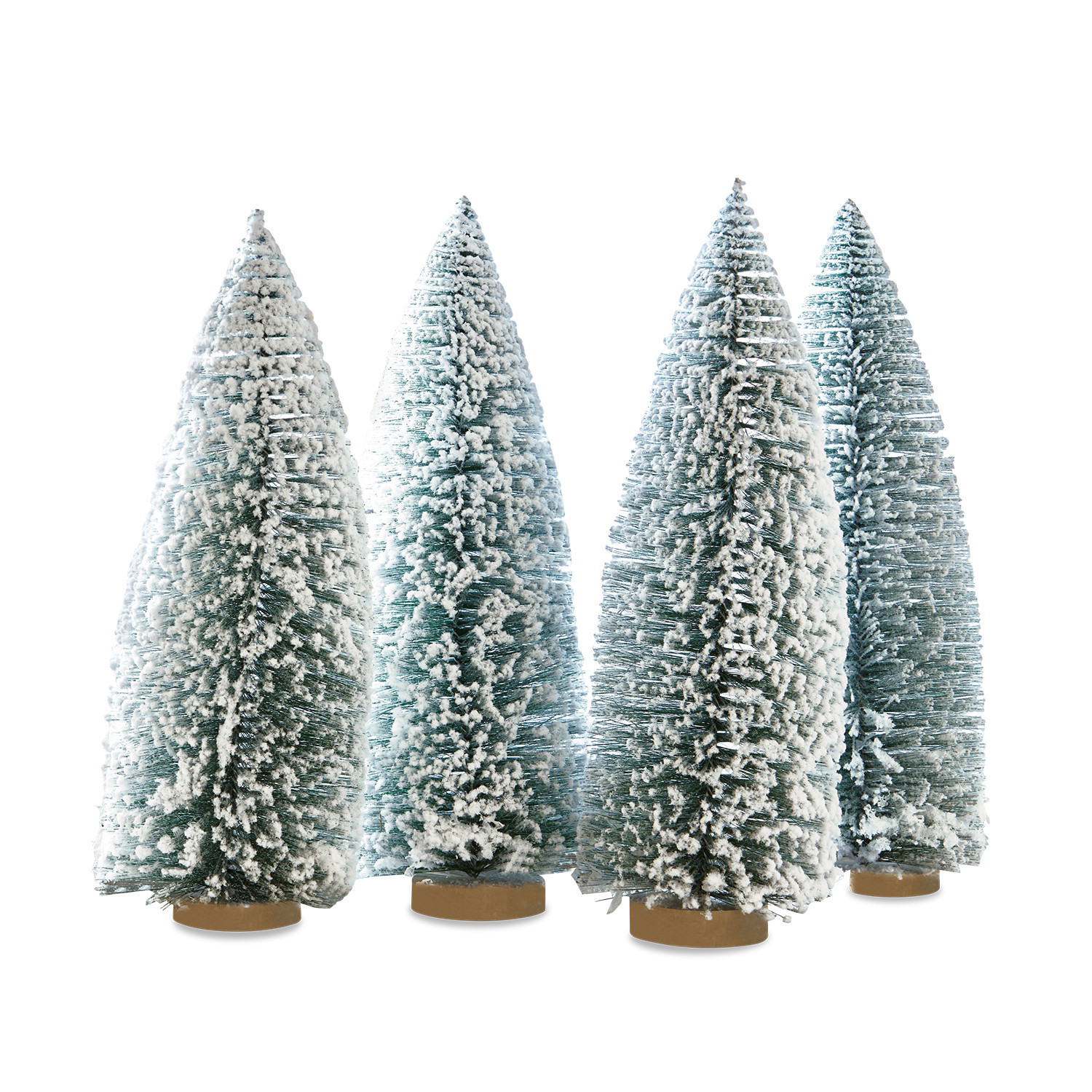 Set di 4 alberelli decorativi Landscape Set di quattro alberi decorativi conici in plastica verde con neve bianca su base in legno