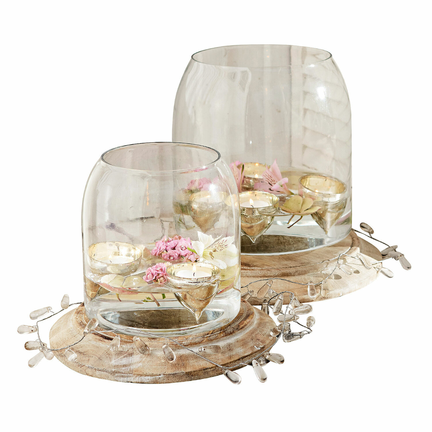 Coppia di portacandele Bran Lanterna in vetro su base in legno con fiori rosa e candele tealight per decorazione d'interni