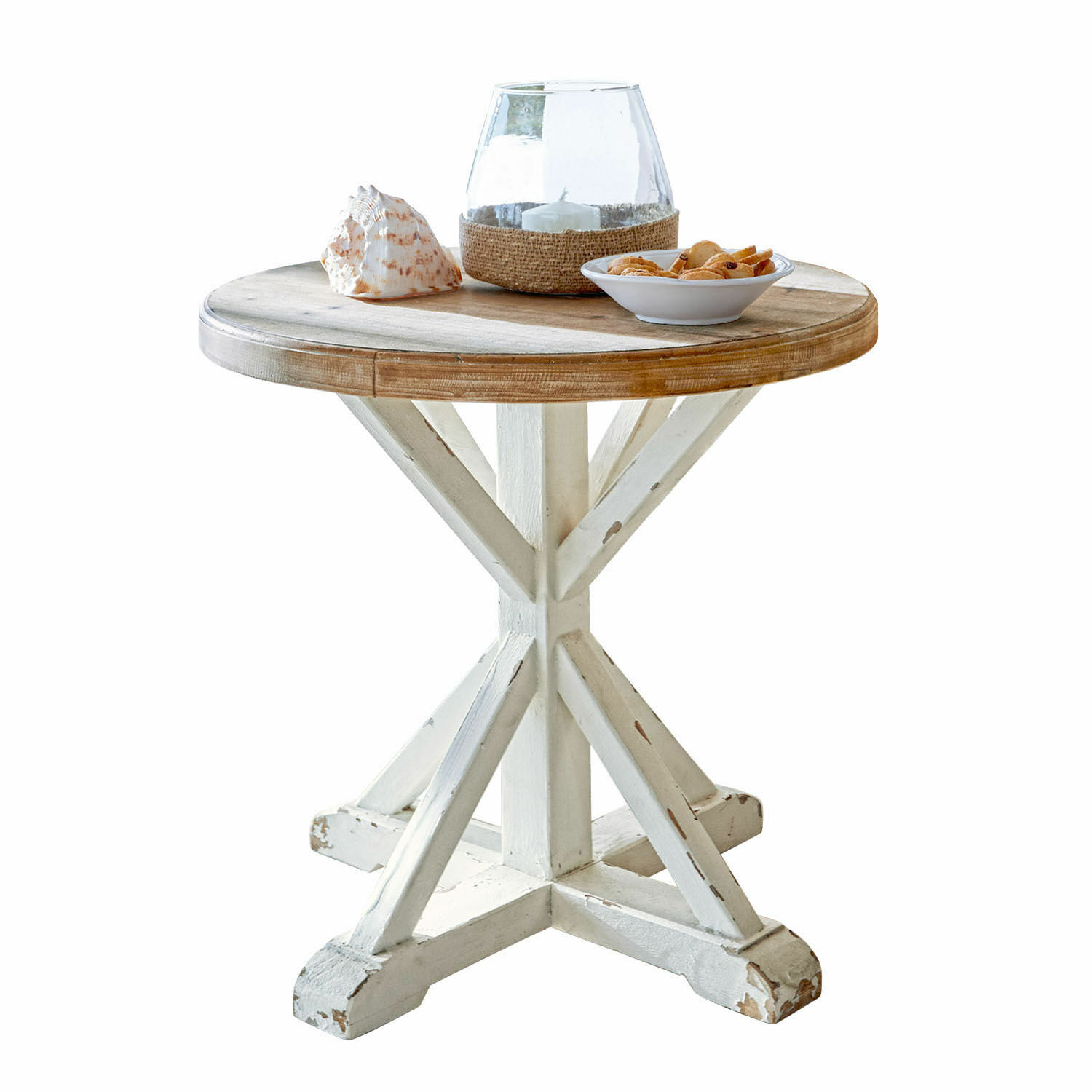 Tavolino di complemento Frapelle Tavolino rotondo in legno di mango con base bianca in stile shabby, decorato con conchiglia e portacandela