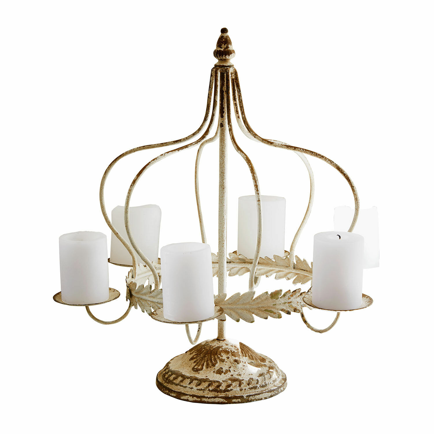 Portacandele Traventa Portacandele in metallo a forma di corona color beige invecchiato con candele bianche decorative