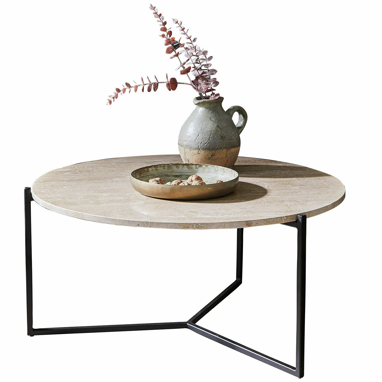Tavolino da salotto Émorieux Tavolino rotondo con piano in marmo beige e base in metallo nero, decorato con vaso e vassoio