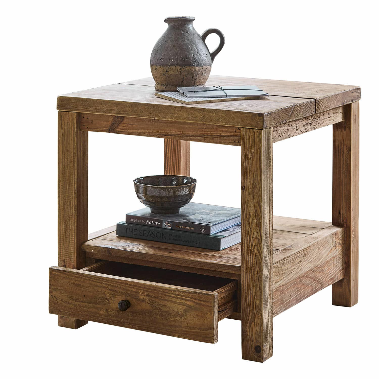 Tavolino di complemento Iven Tavolino quadrato in legno con cassetto e ripiano, colore naturale, mobile da soggiorno